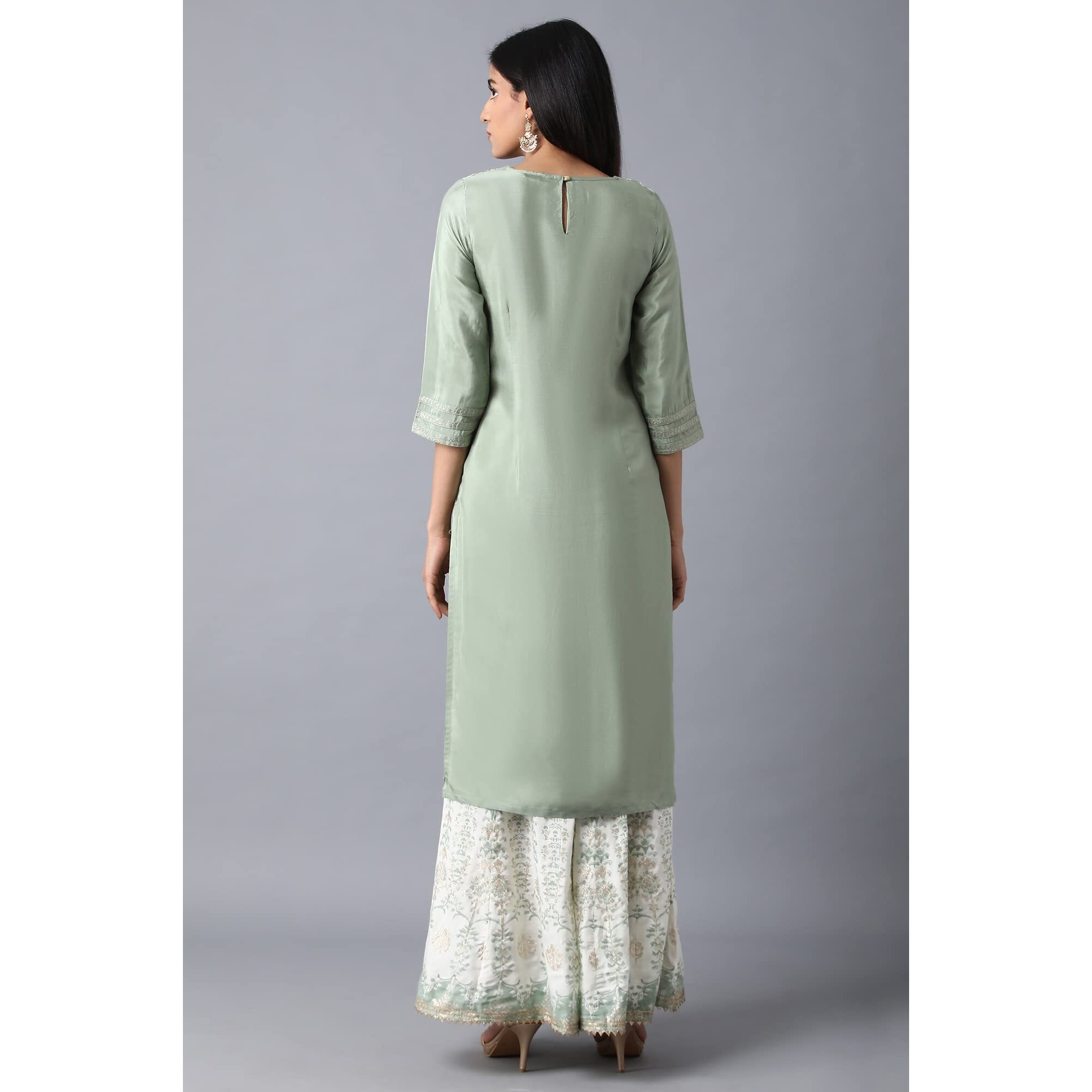 W For Woman Orange Floral Printed Regular Kurta with Dori Embroidery