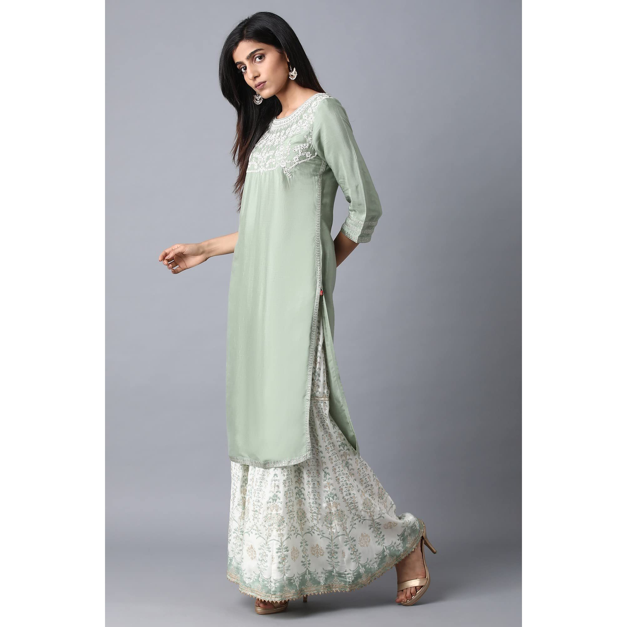 W For Woman Orange Floral Printed Regular Kurta with Dori Embroidery
