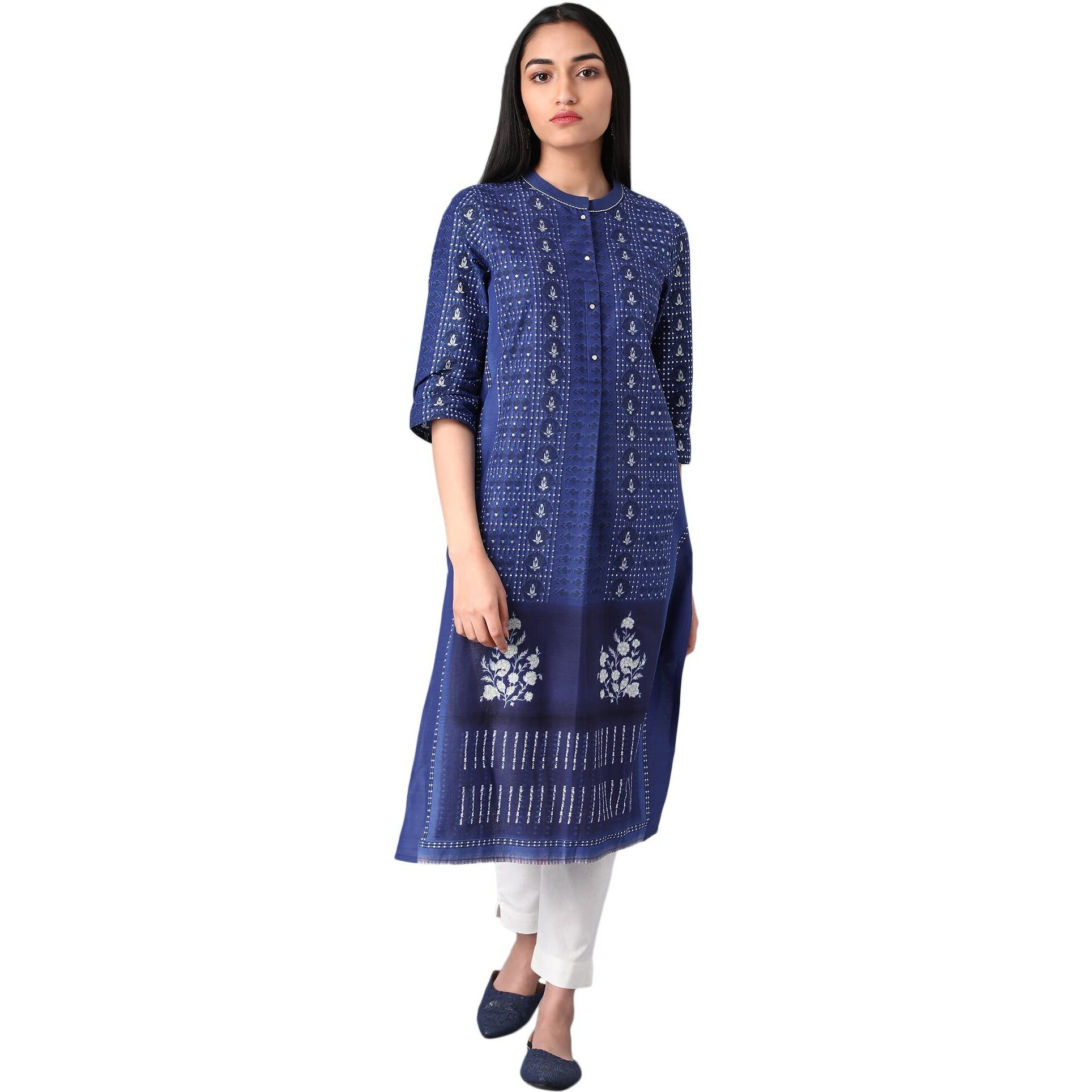 W Blue Floral Printed Cotton Regular Kurta for Women