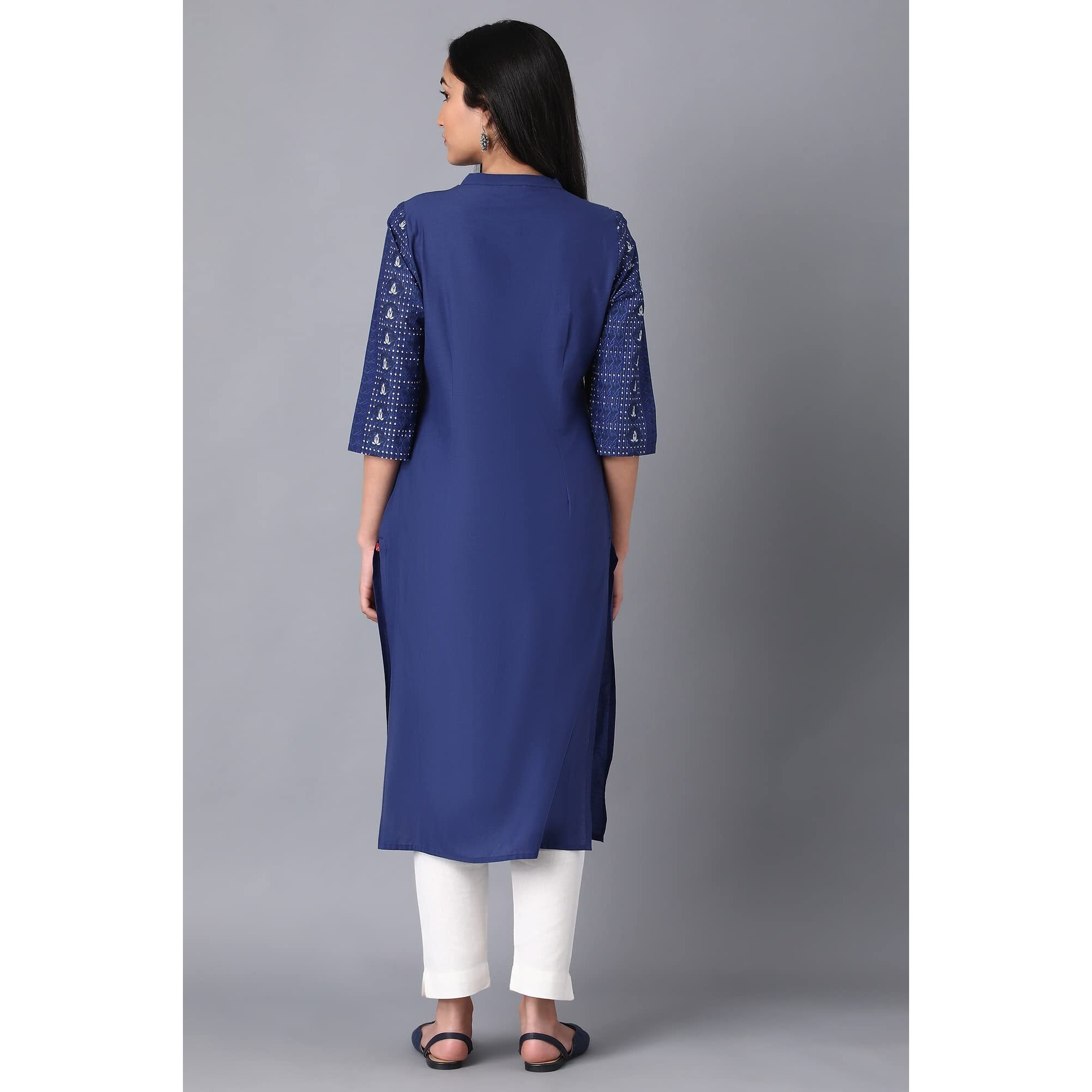 W Blue Floral Printed Cotton Regular Kurta for Women