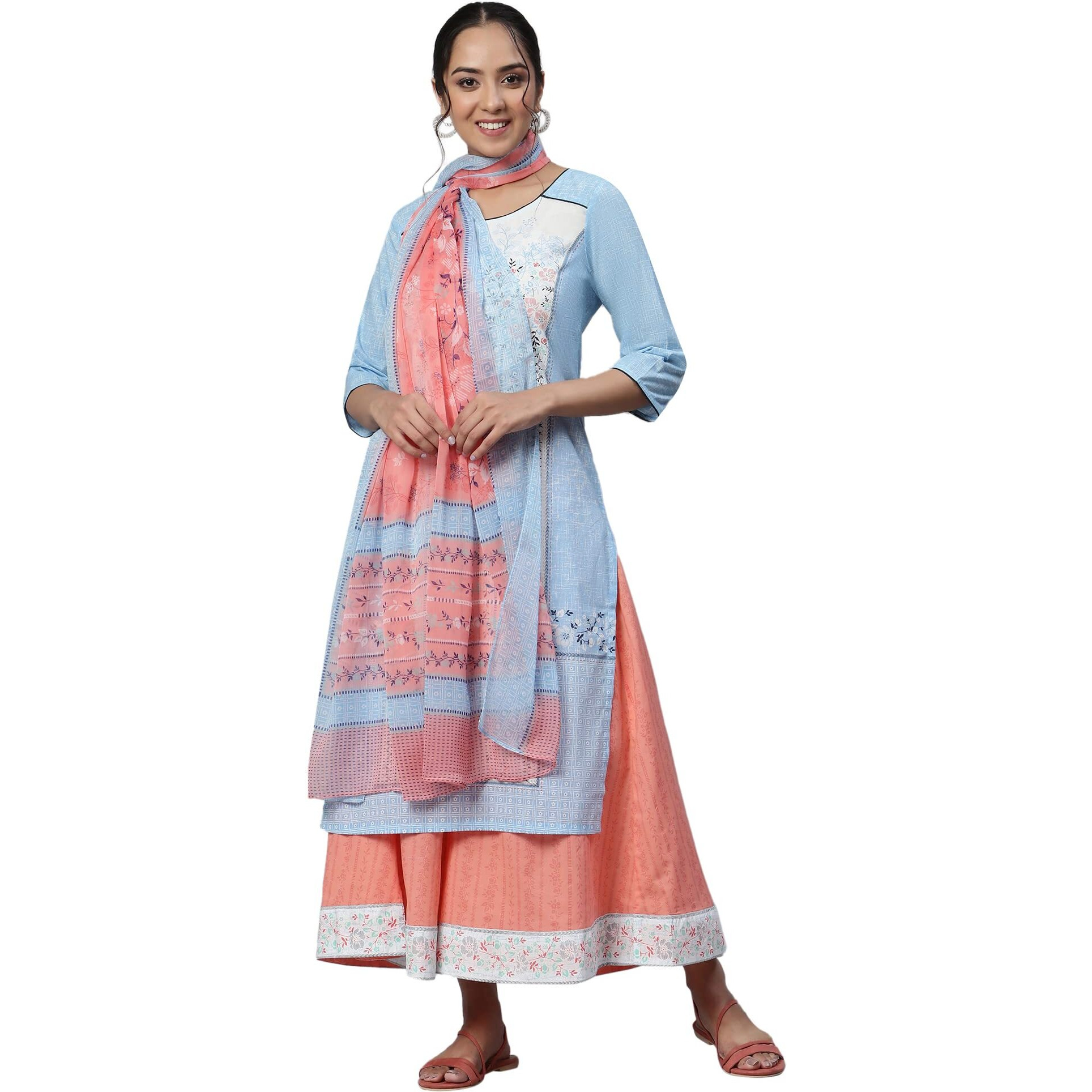 Aurelia Blue Floral Printed Cotton Kurta Dupatta Bottomwear Set for Women