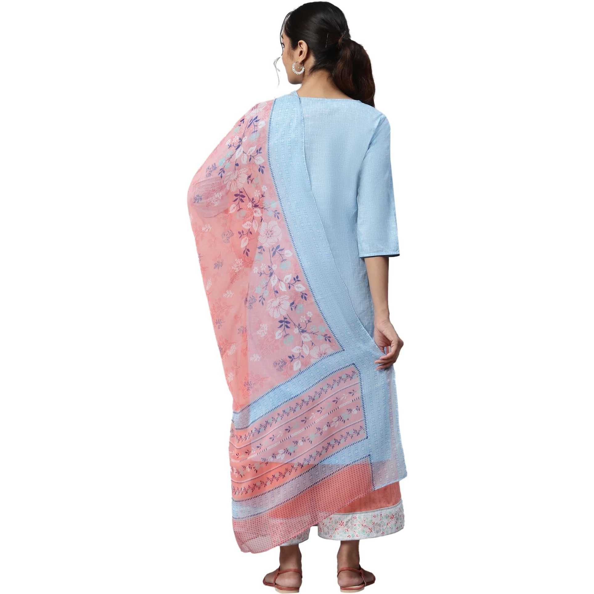 Aurelia Blue Floral Printed Cotton Kurta Dupatta Bottomwear Set for Women