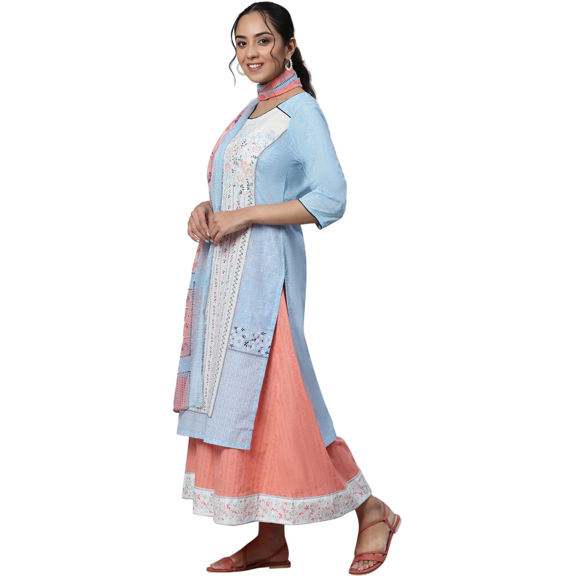 Aurelia Blue Floral Printed Cotton Kurta Dupatta Bottomwear Set for Women