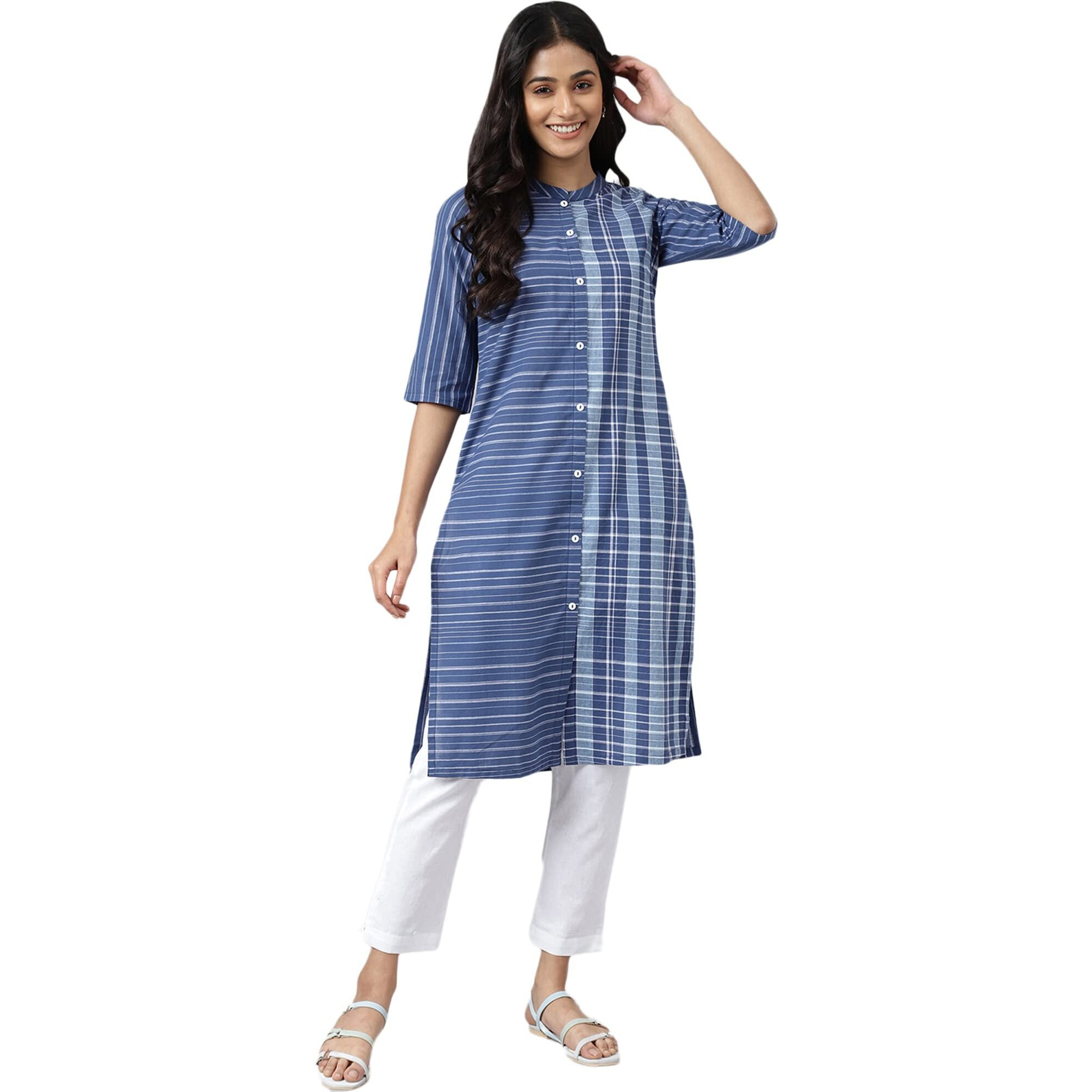 Aurelia Women Deep Blue Dobby Geometric Yarn Dyed Straight Kurta_22AUA13368-703590_S