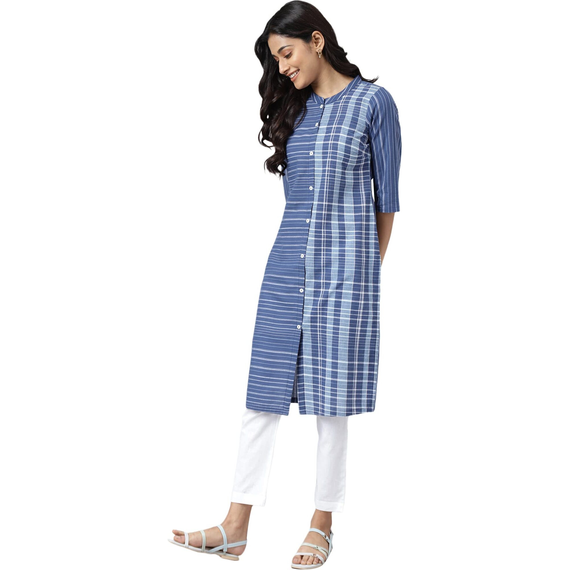 Aurelia Women Deep Blue Dobby Geometric Yarn Dyed Straight Kurta_22AUA13368-703590_S