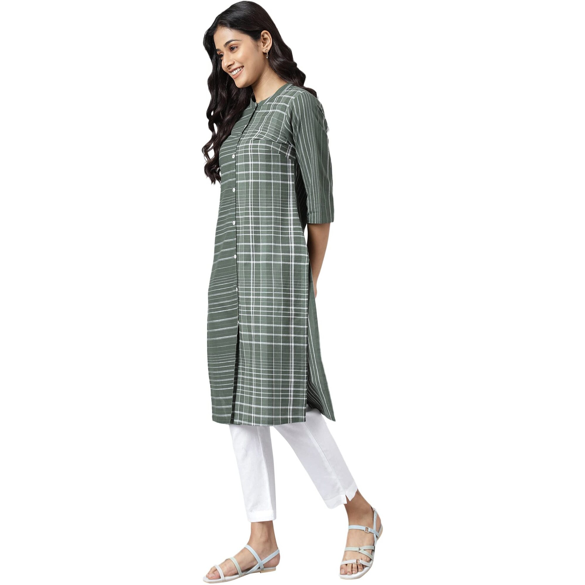 Aurelia Women Mehendi Green Dobby Geometric Yarn Dyed Straight Kurta_22AUA13368-703591_S