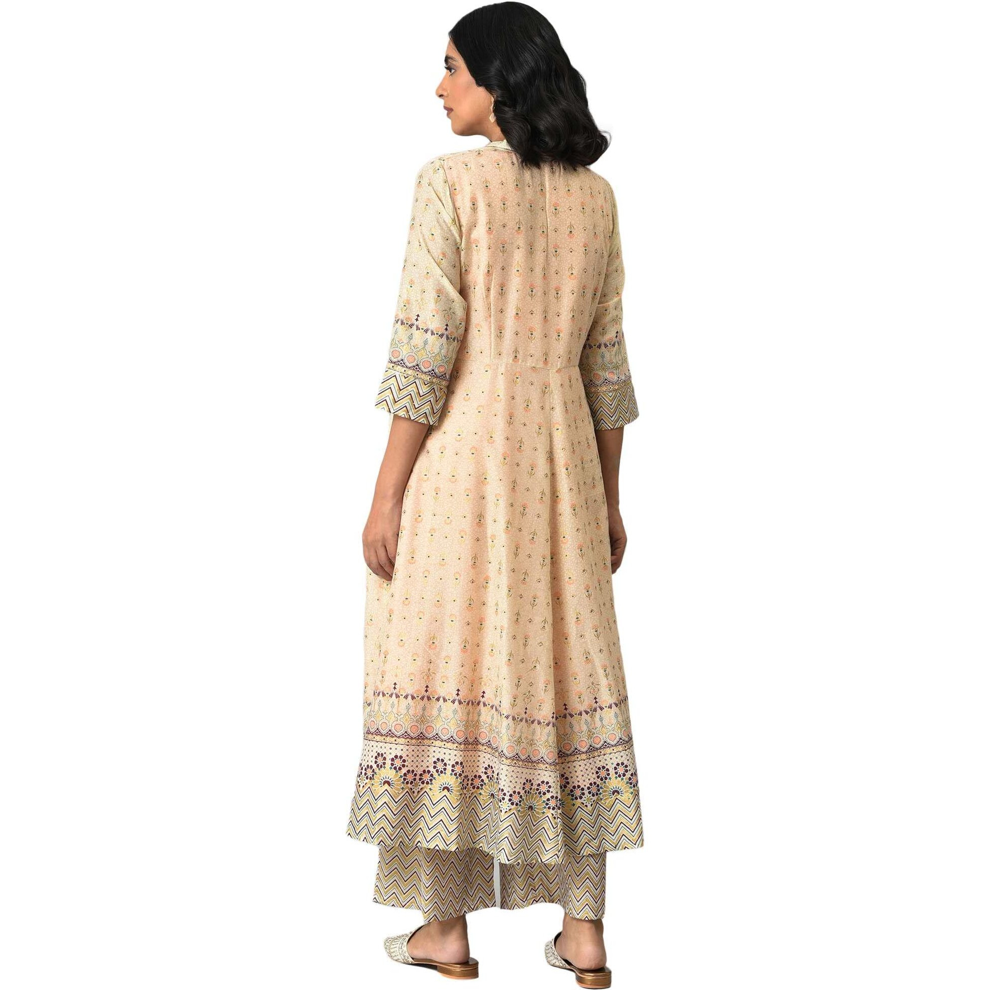 Aurelia Women's Beige Printed Front Open Gilet With Peach Inner Kurta And Beige Straight Palazzo_22AUD10439-503225_S