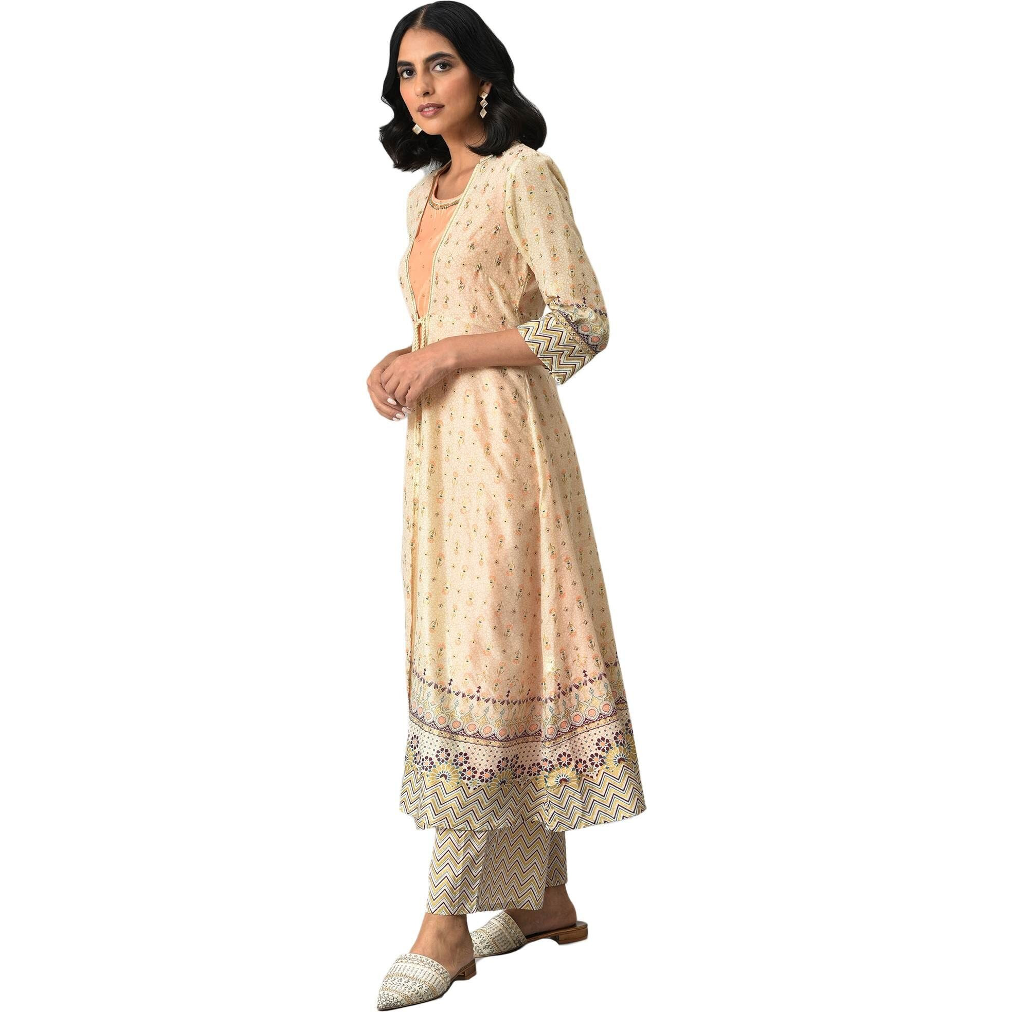 Aurelia Women's Beige Printed Front Open Gilet With Peach Inner Kurta And Beige Straight Palazzo_22AUD10439-503225_S