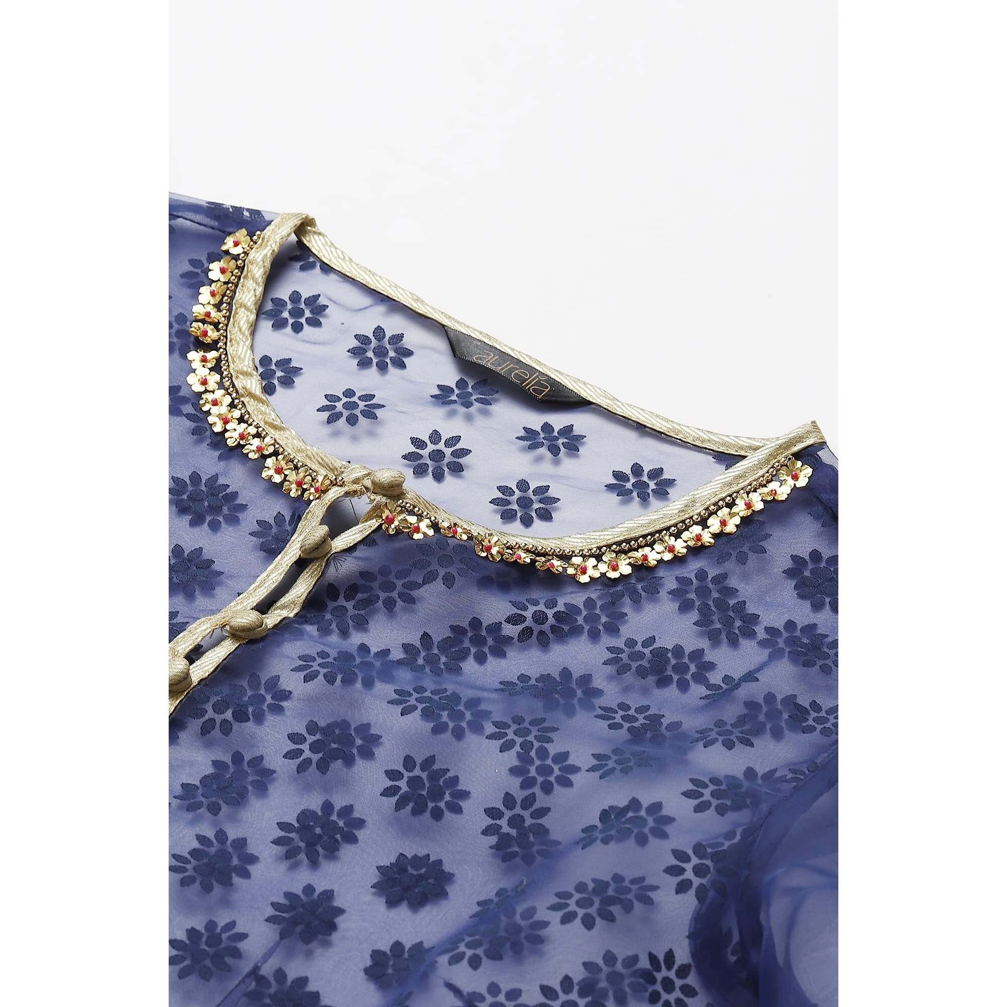 Aurelia Women's Dark Blue A-Line Floral Printed Gilet With Embroidered Inner Kurta_22AUD10435-503229_L