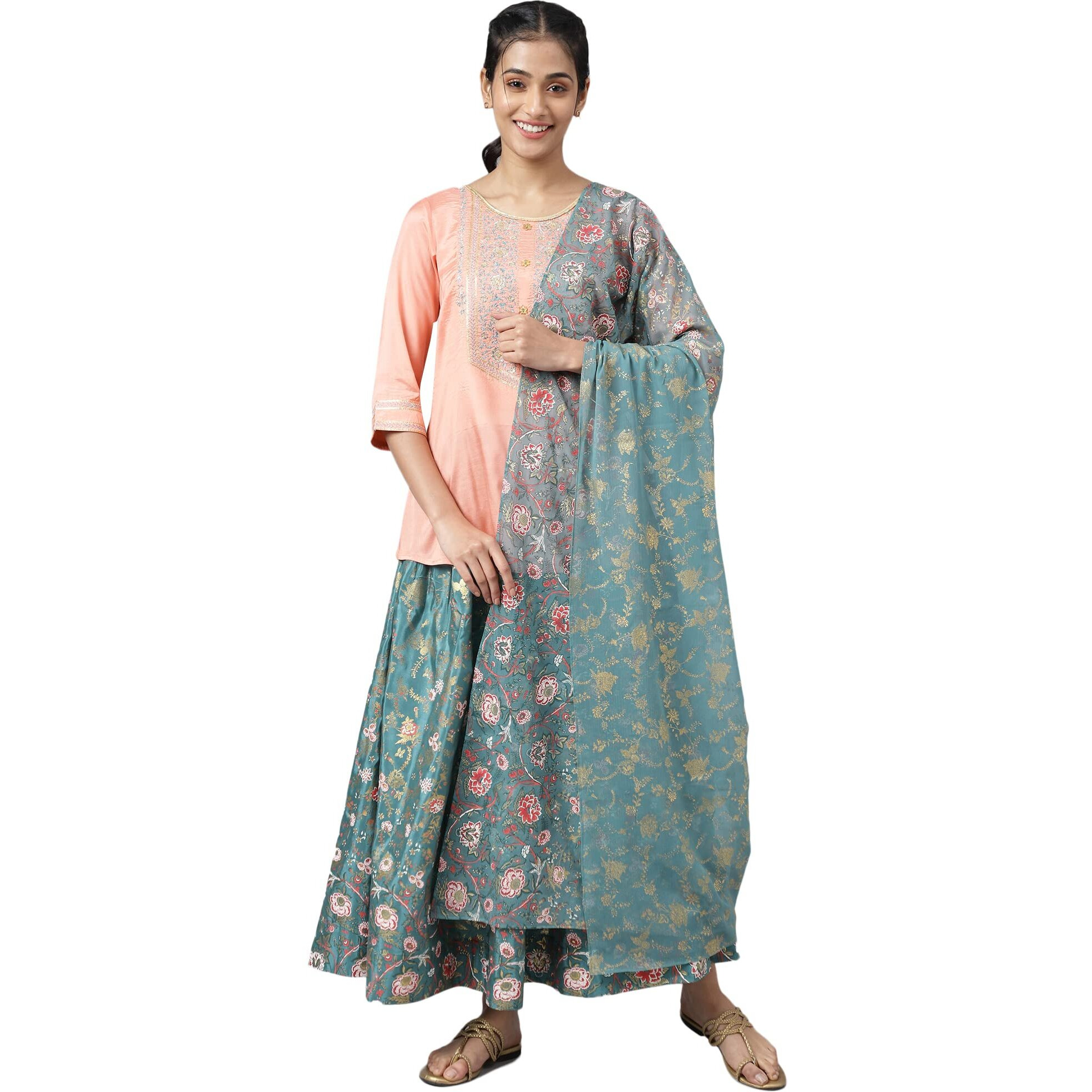 Aurelia Women's Liva Peach Embroidered Top With Green Skirt And Dupatta_22AUD10486-604496_XL