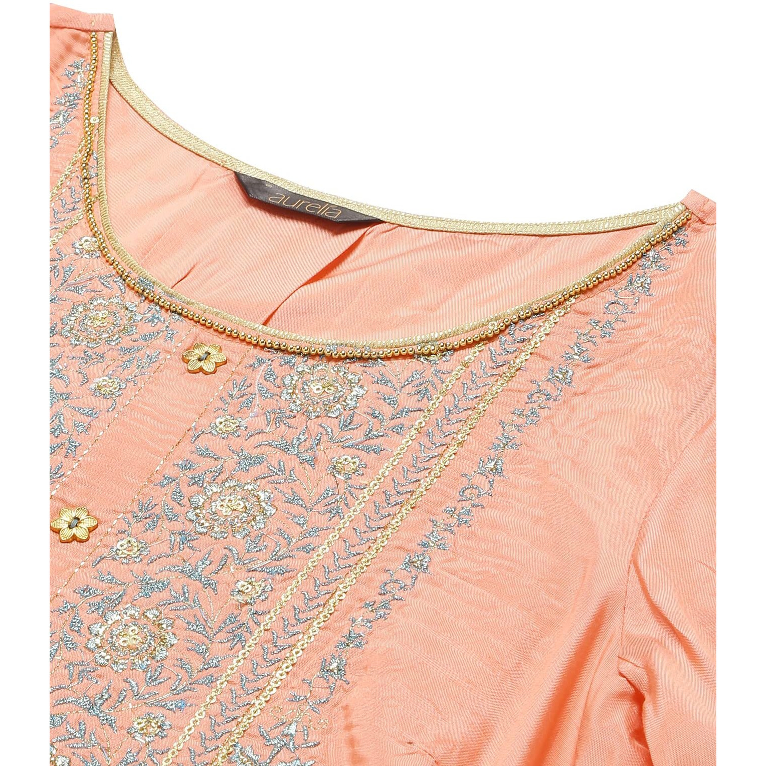 Aurelia Women's Liva Peach Embroidered Top With Green Skirt And Dupatta_22AUD10486-604496_XL