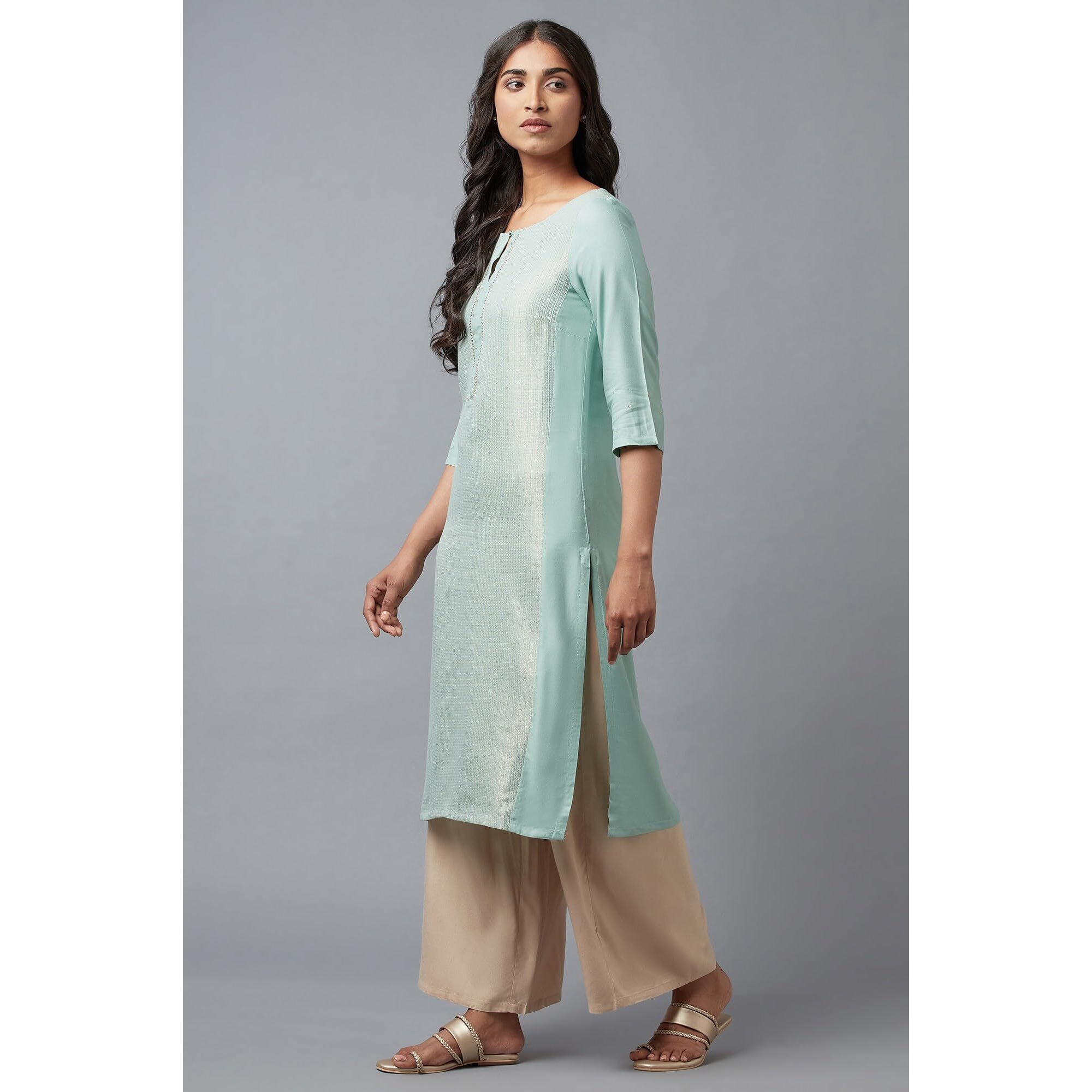 W for Woman Cotton Blue Striped Keyhole Neck Straight Kurta_22FEW17928-311823_3XL