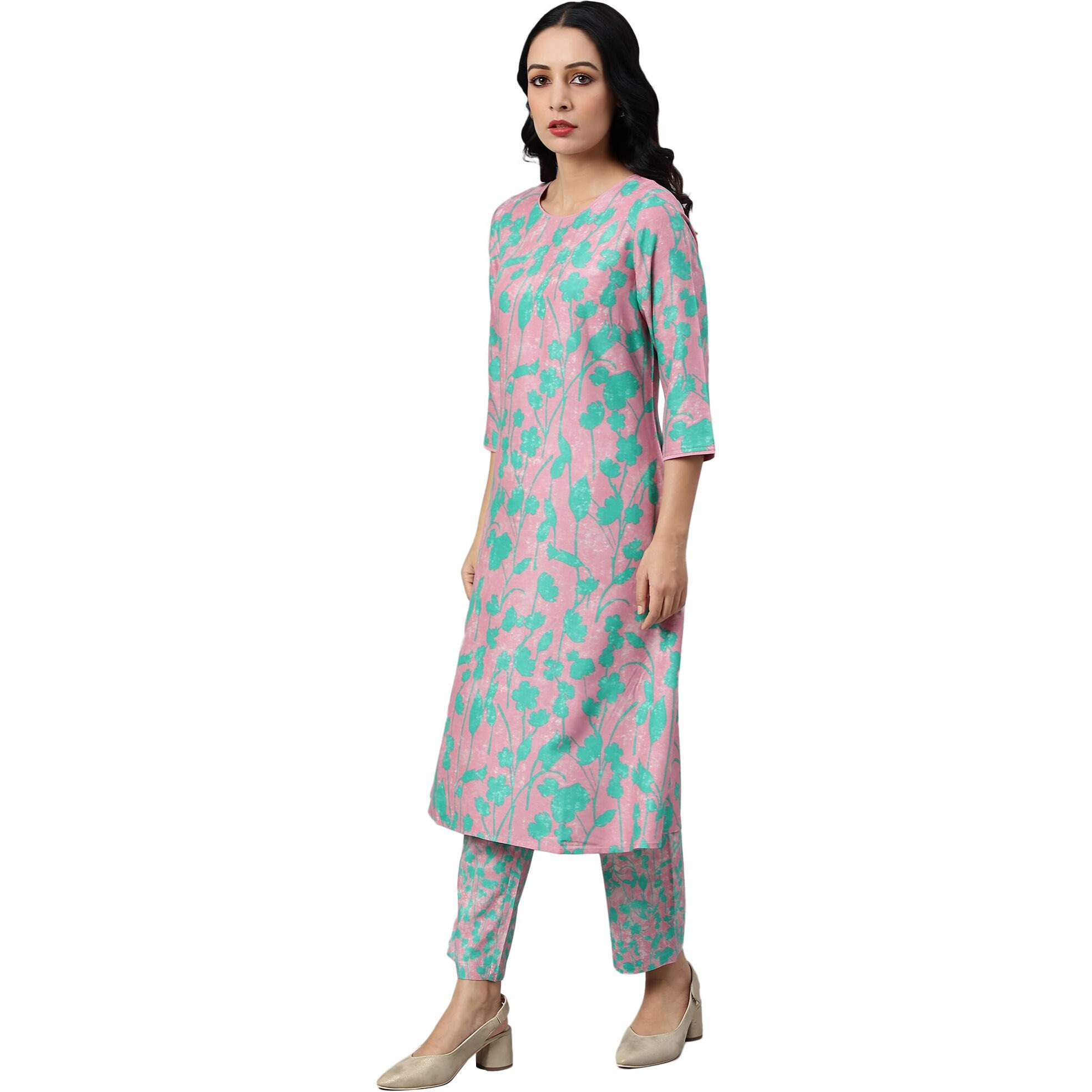 W for Woman Light Purple Floral Print Straight Kurta