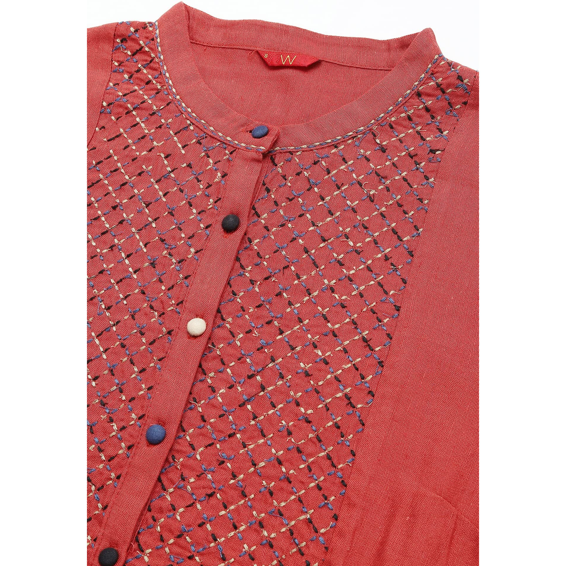 W for Woman Women's Rayon Embroidered Regular Kurta (22AUW17706-217241_Brick Red