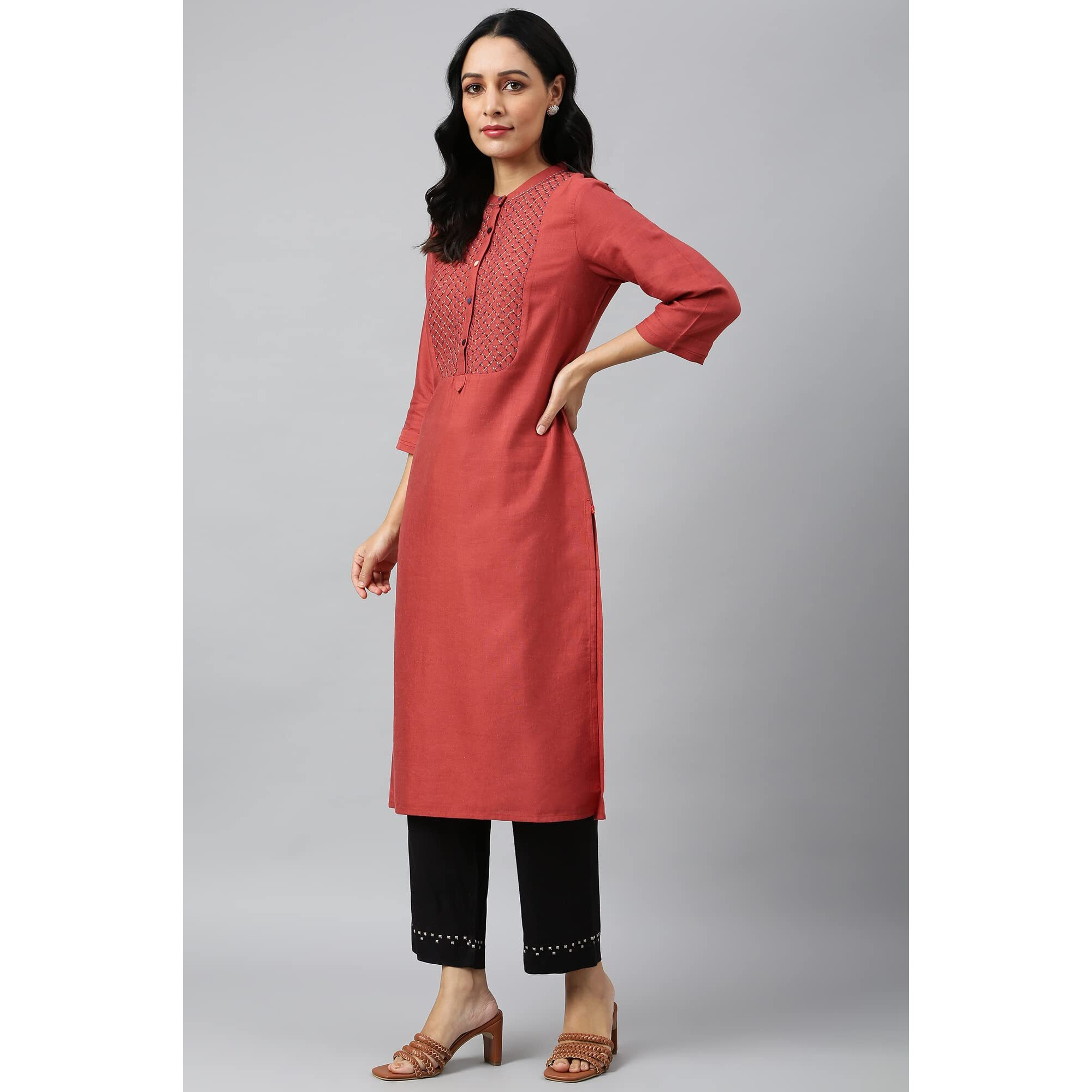 W for Woman Women's Rayon Embroidered Regular Kurta (22AUW17706-217241_Brick Red
