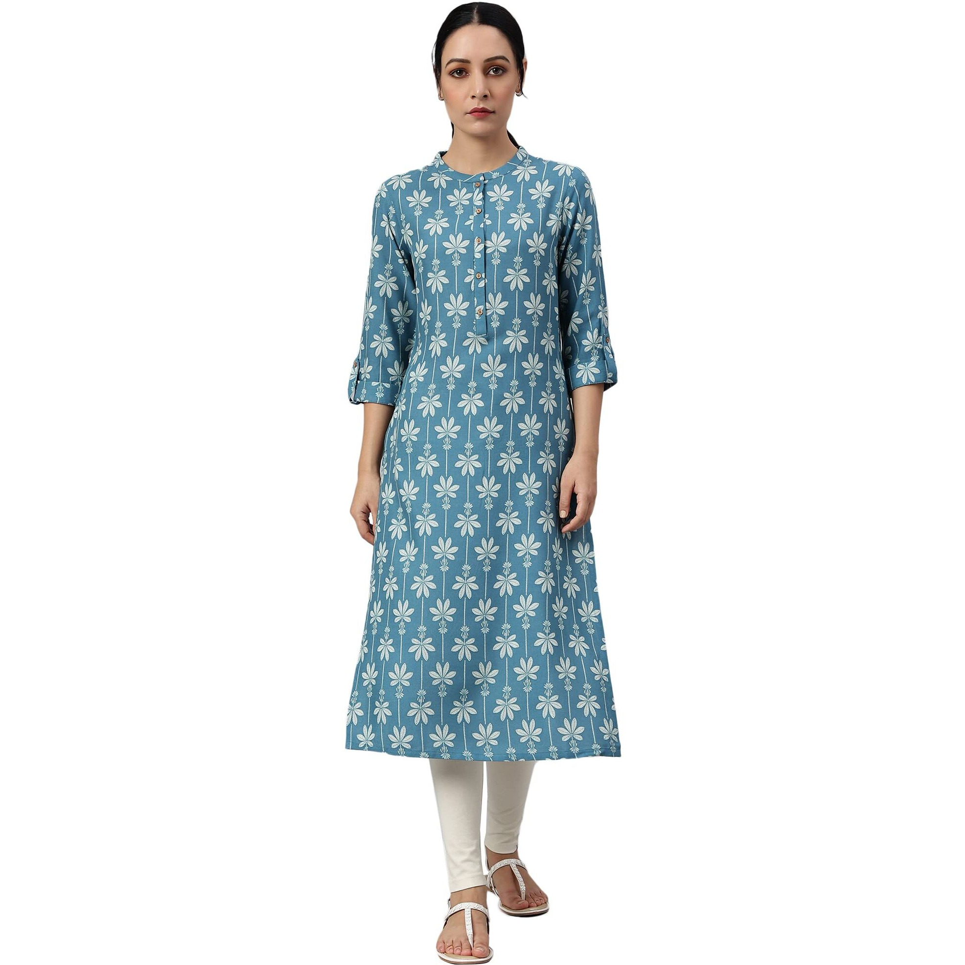 W for Woman Blue Rayon Button Down Kurta