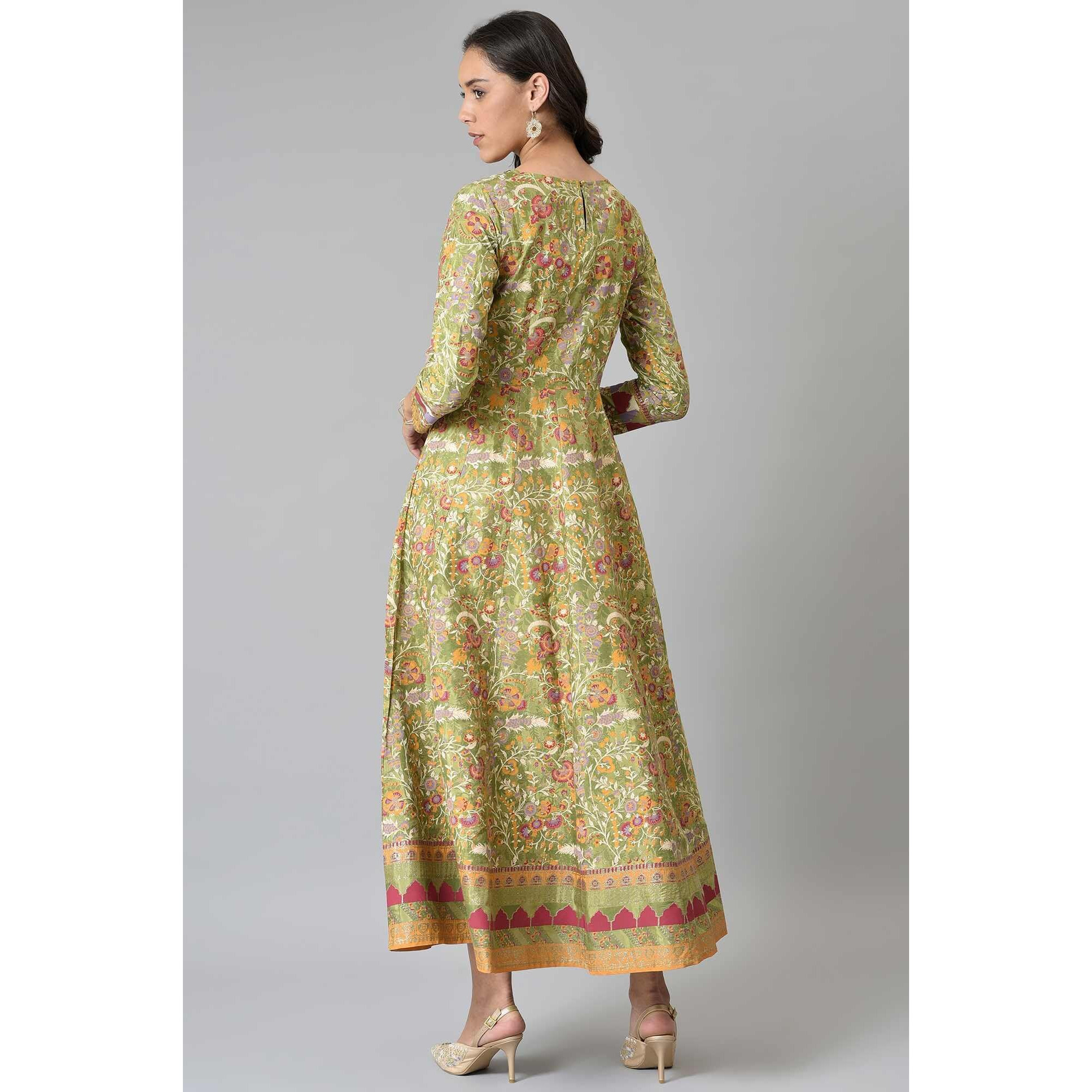 W Green Floral Printed Glitter Anarkali Kurta for Women