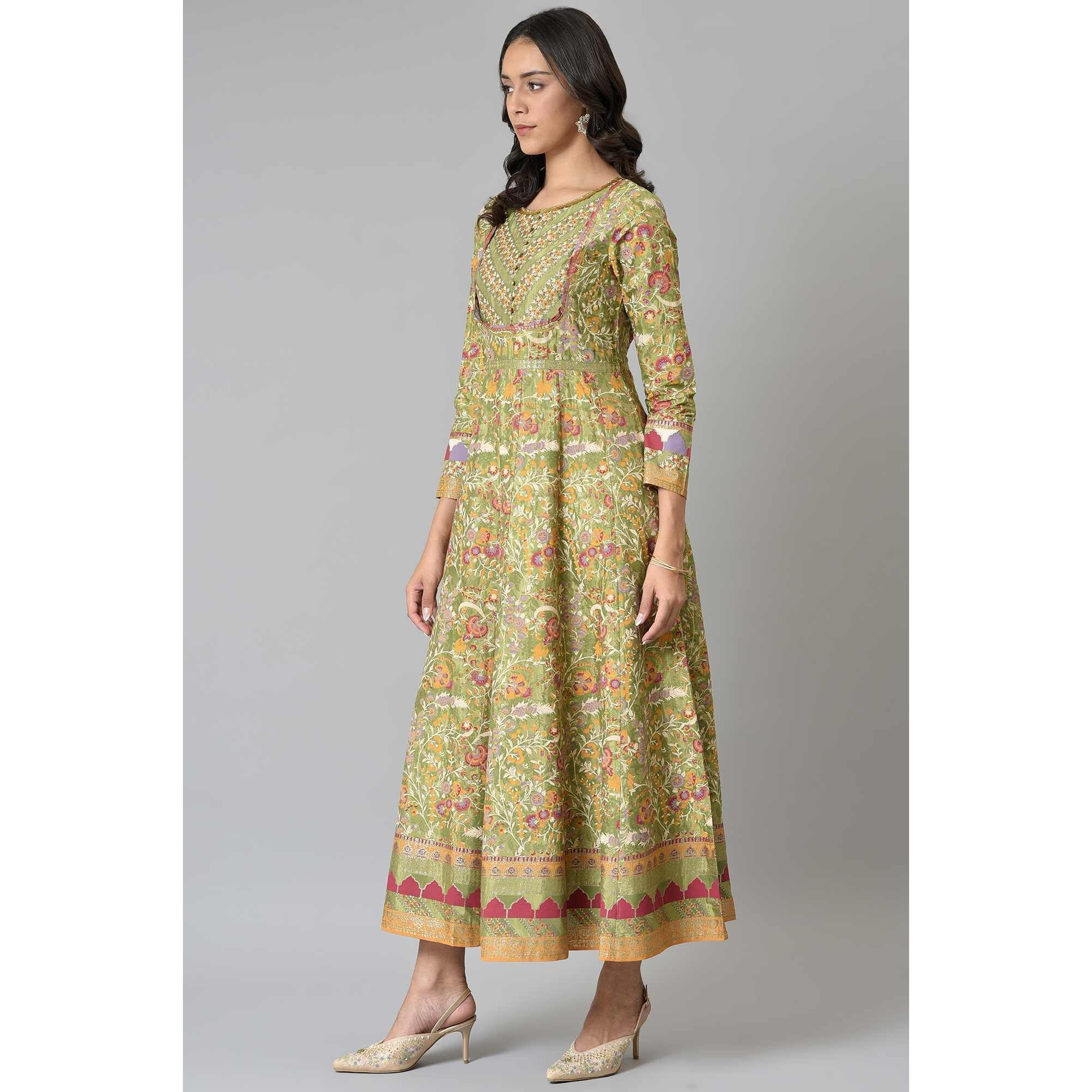 W Green Floral Printed Glitter Anarkali Kurta for Women