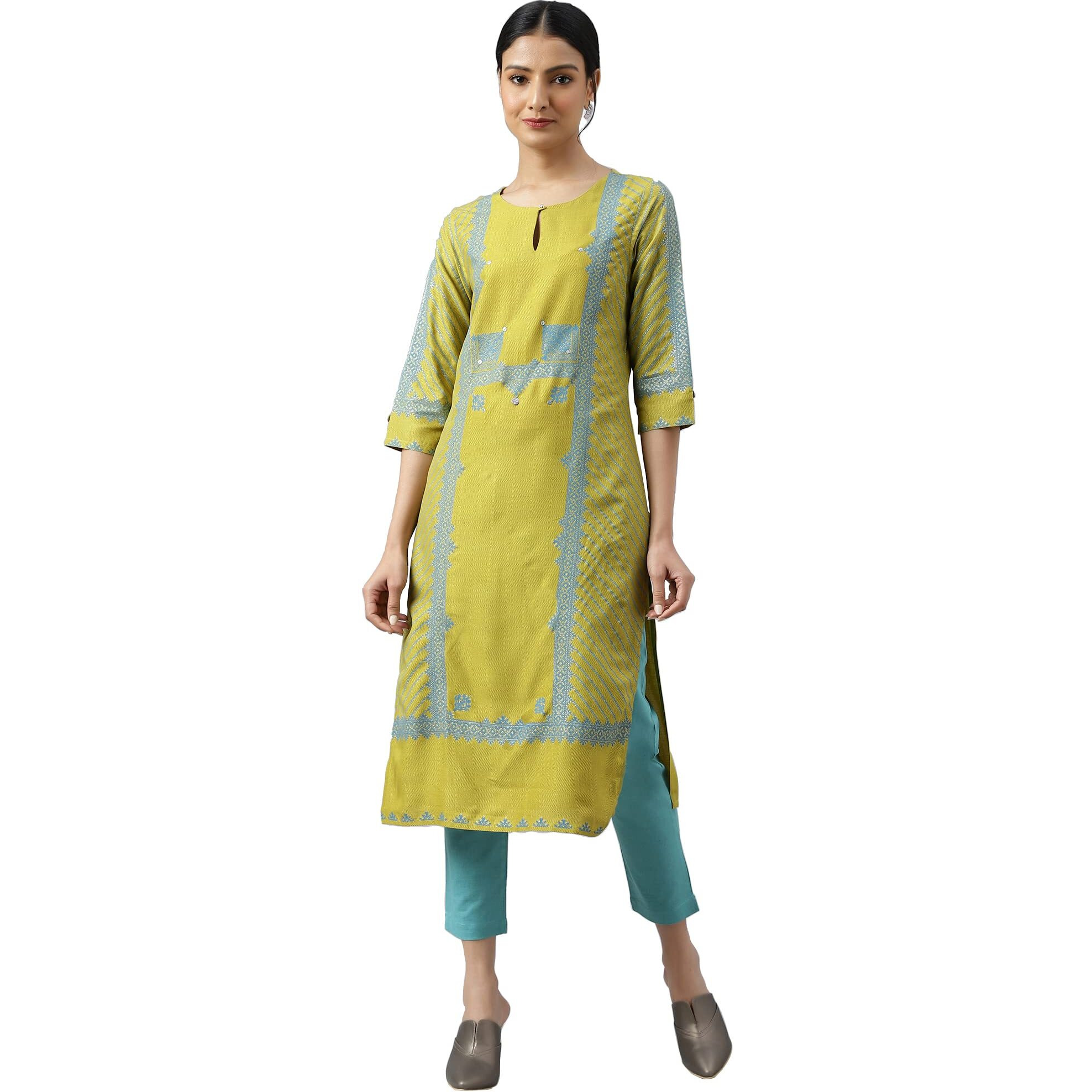 W for Woman Green Placement Print Embellished Kurta