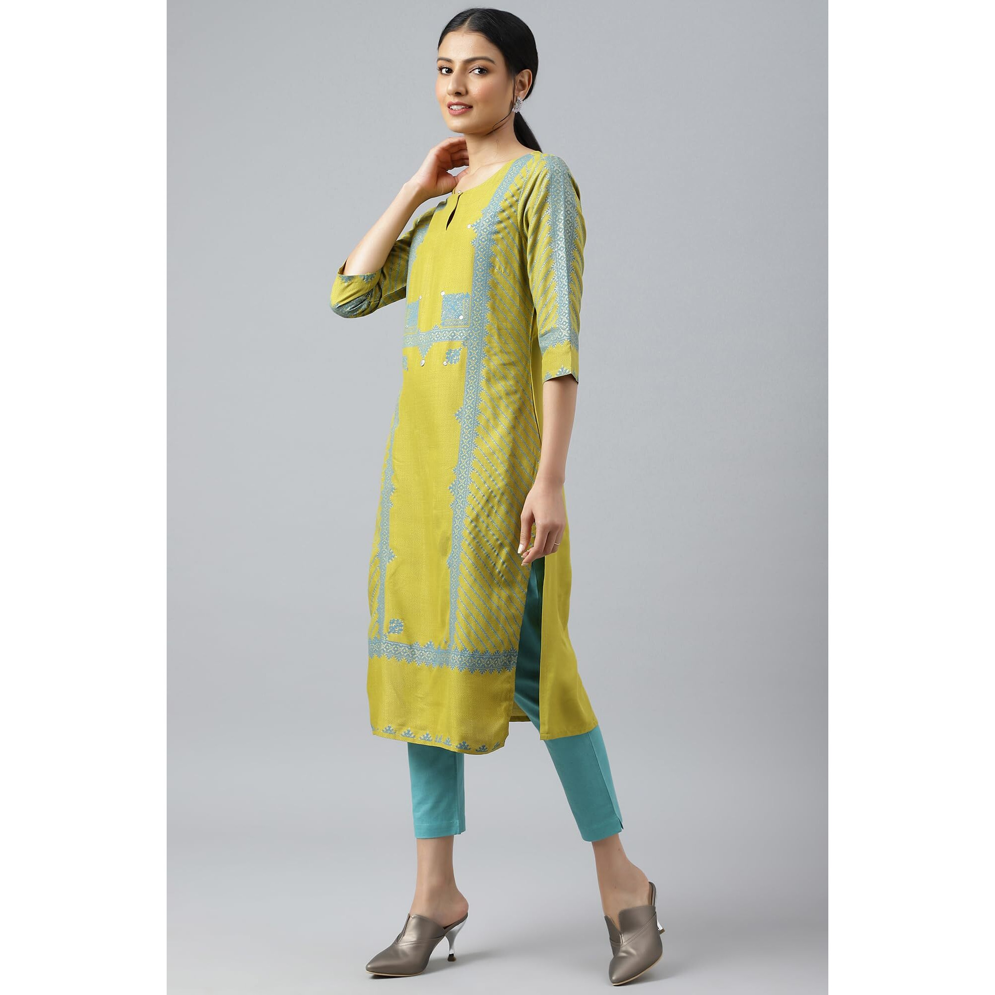 W for Woman Green Placement Print Embellished Kurta