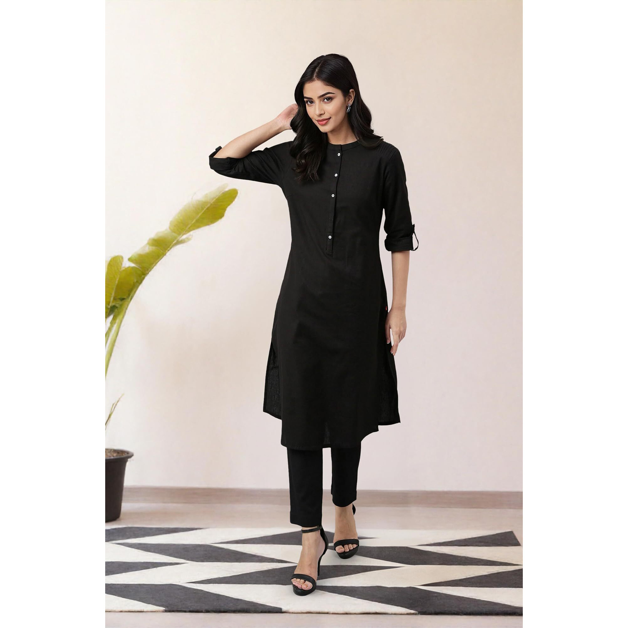 W Black Cotton Blend Solid Straight Long Kurta for Women