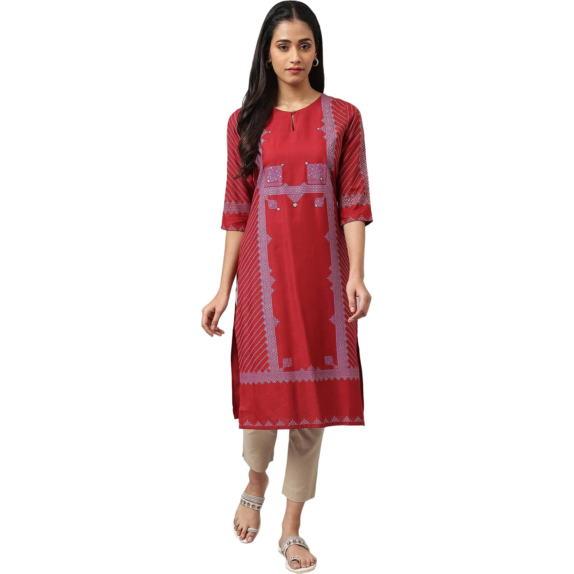 W For Woman Red Geometric Printed Regular Kurta with Gold Glitter Sequins