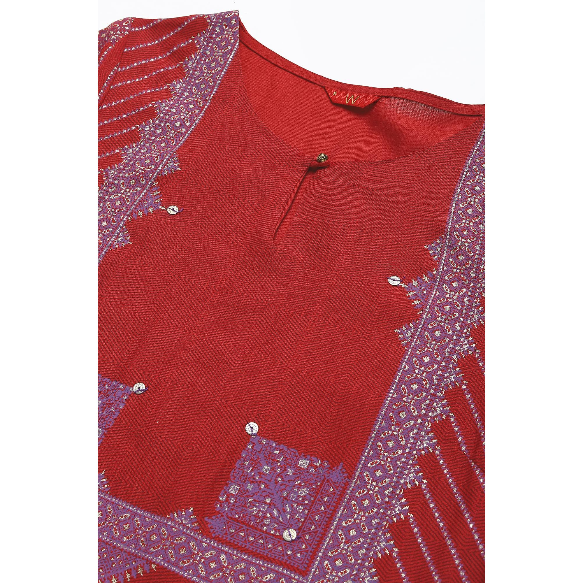 W For Woman Red Geometric Printed Regular Kurta with Gold Glitter Sequins