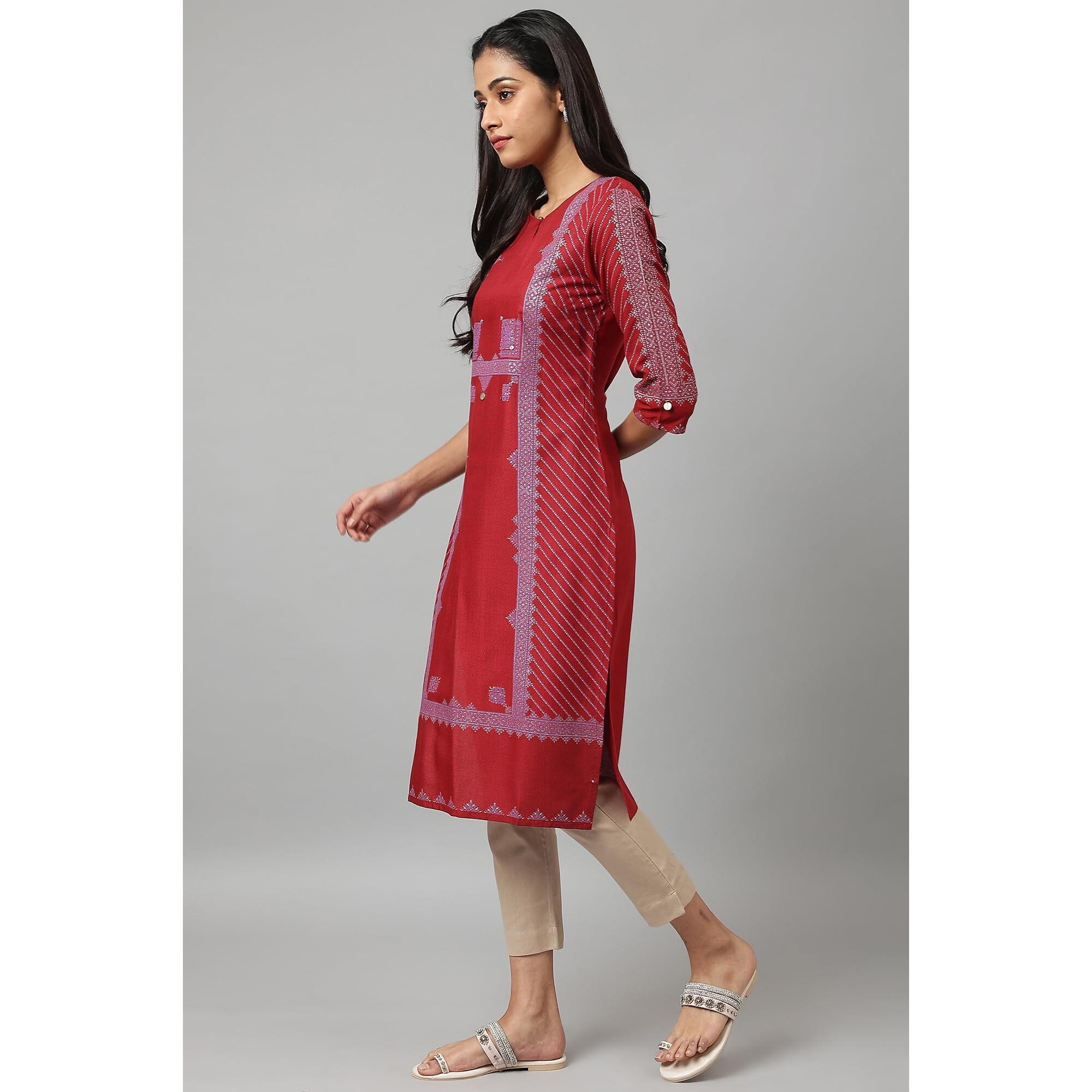 W For Woman Red Geometric Printed Regular Kurta with Gold Glitter Sequins