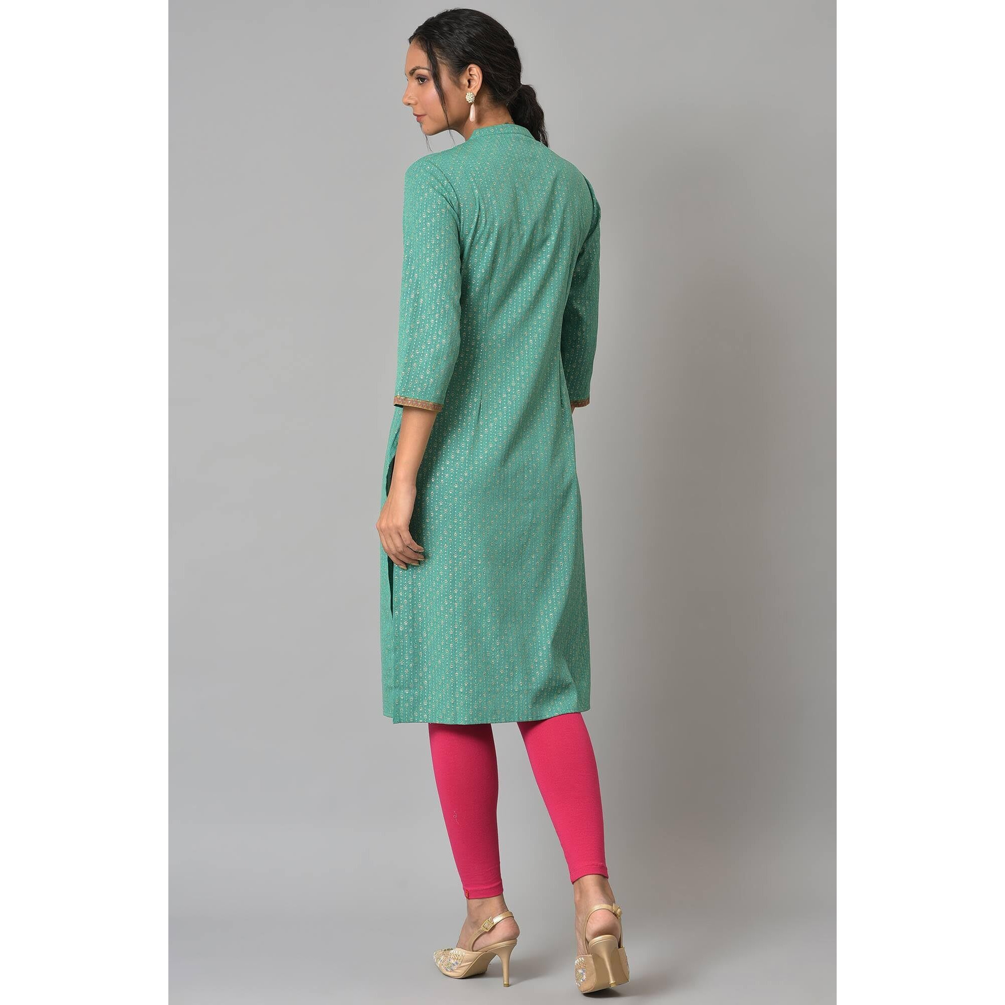 W For Woman Light Green Synthetic Geometric Printed Kurta with Glitter Detail