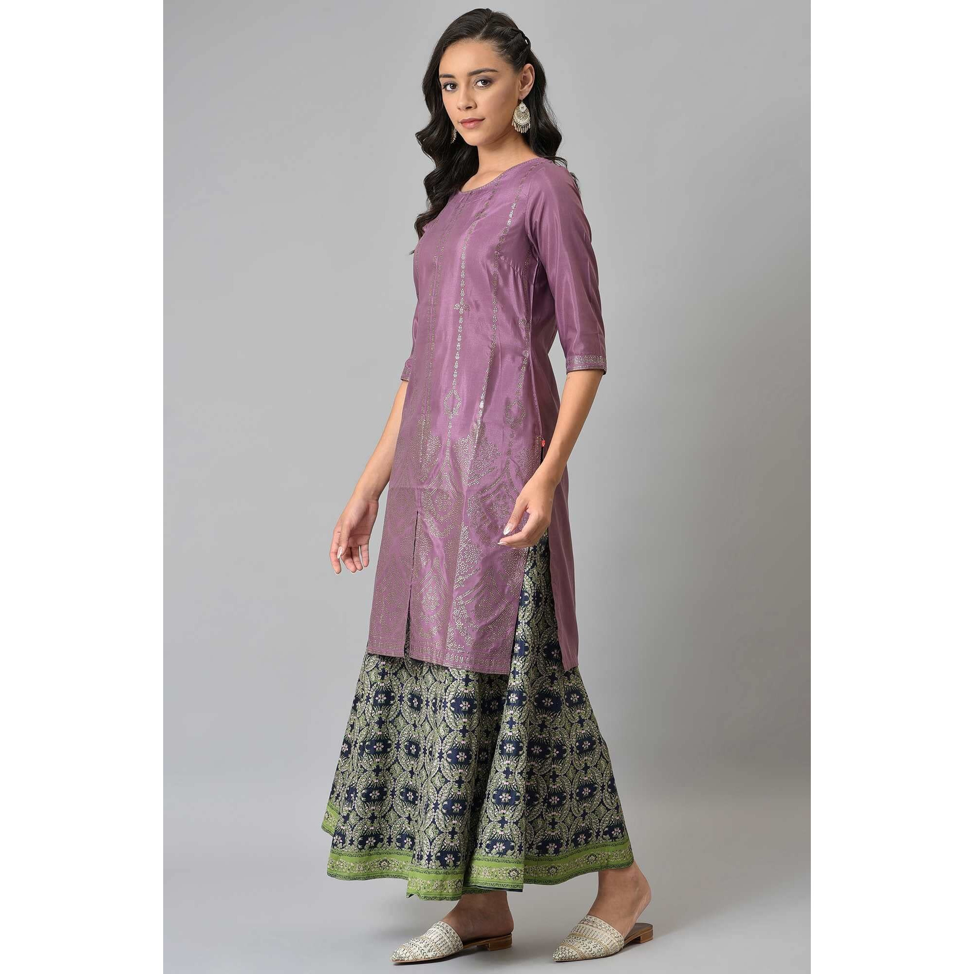 W for Woman Women Polyester Purple Shantung Mukaish Printed Kurta_22Auw18294-119276_3XL