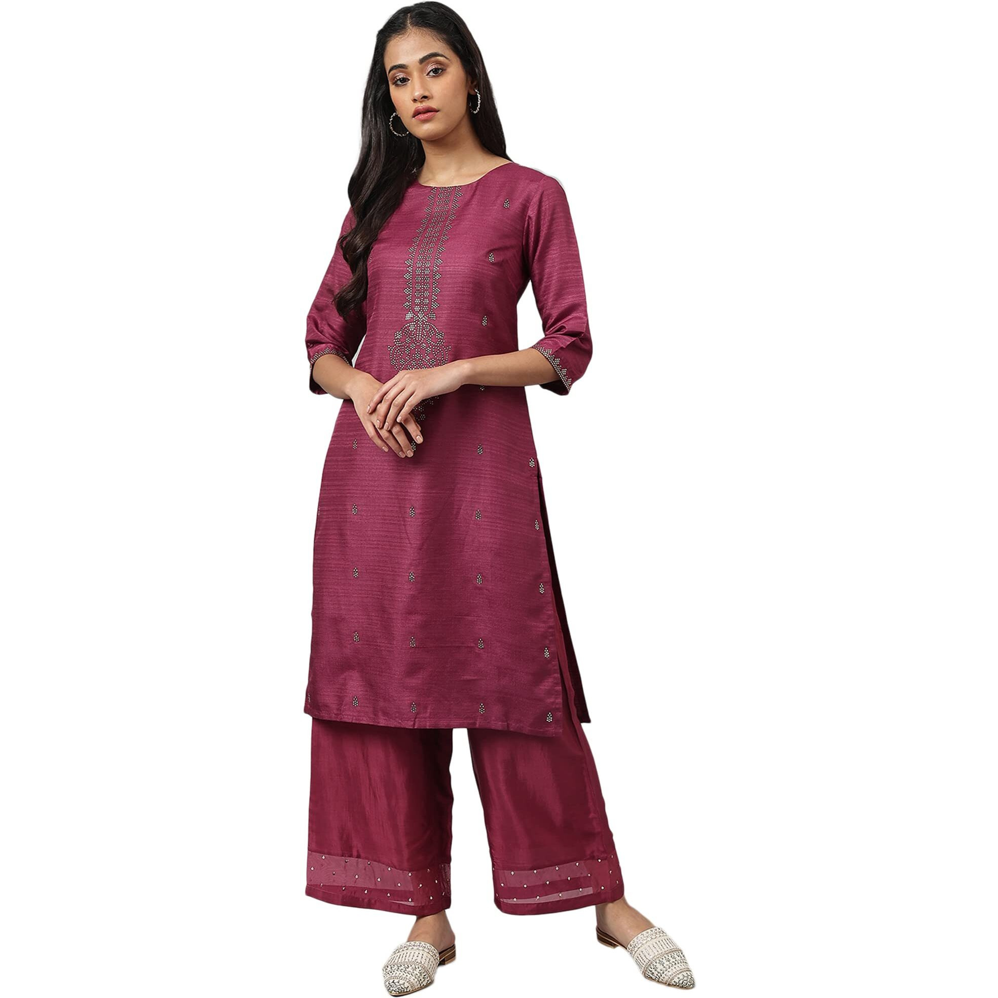 W For Woman Purple Geometric Printed Kurta with Gold Mukaish