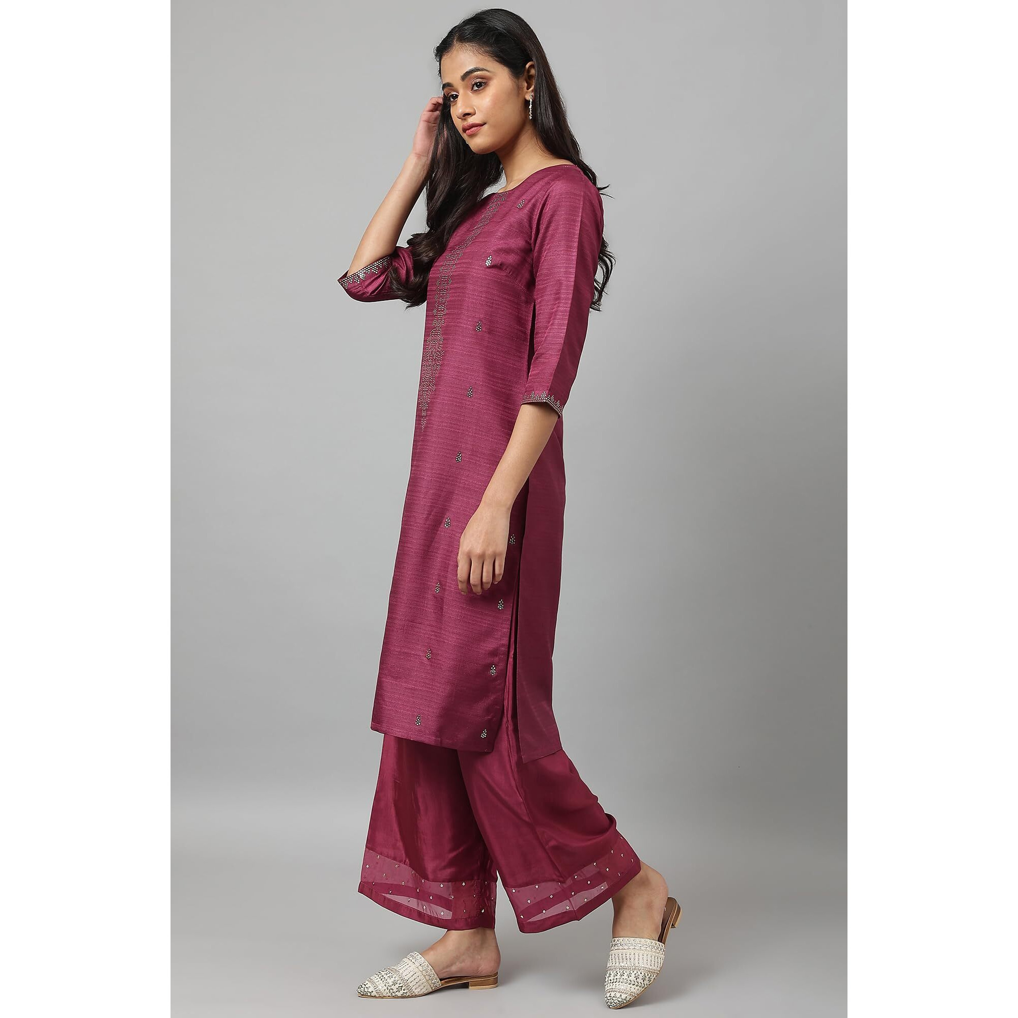 W For Woman Purple Geometric Printed Kurta with Gold Mukaish