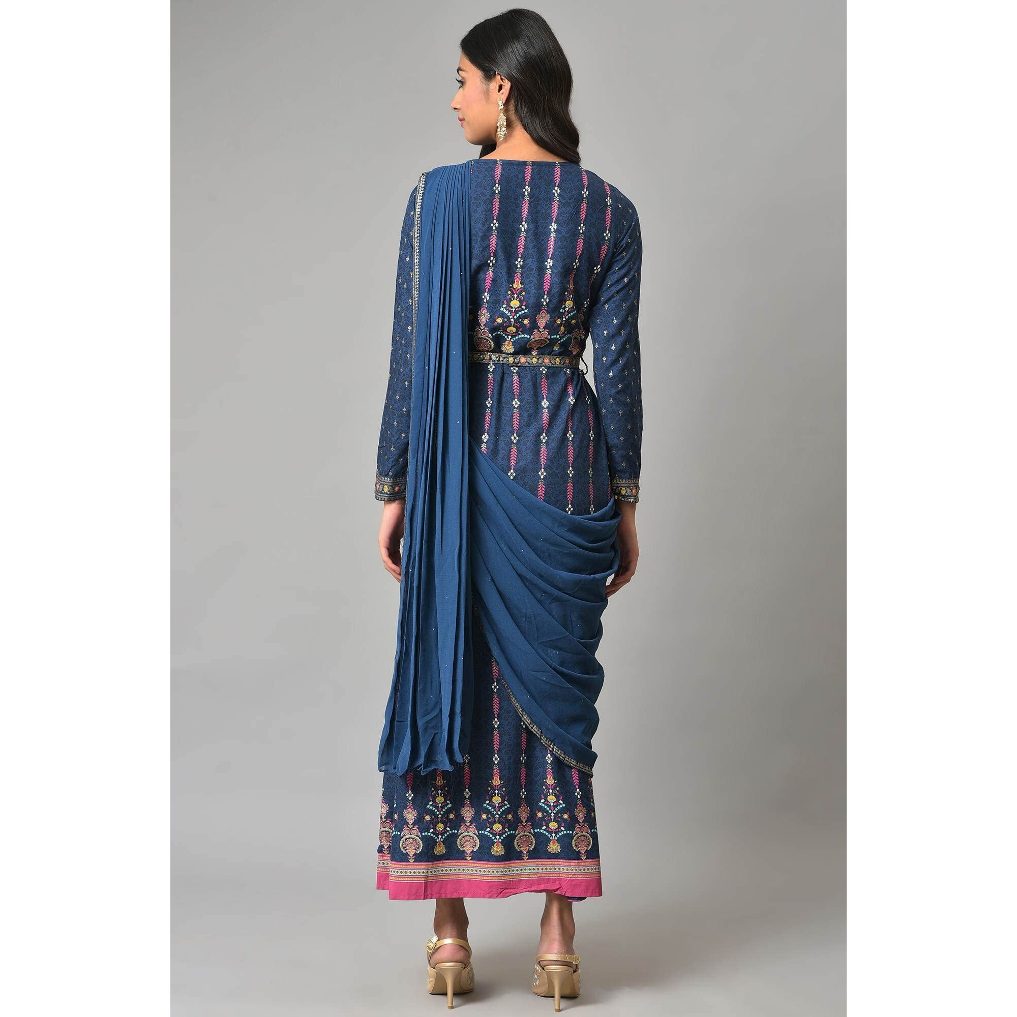 W For Woman Dark Blue Ethnic Motif Stylised Dress with Sequins