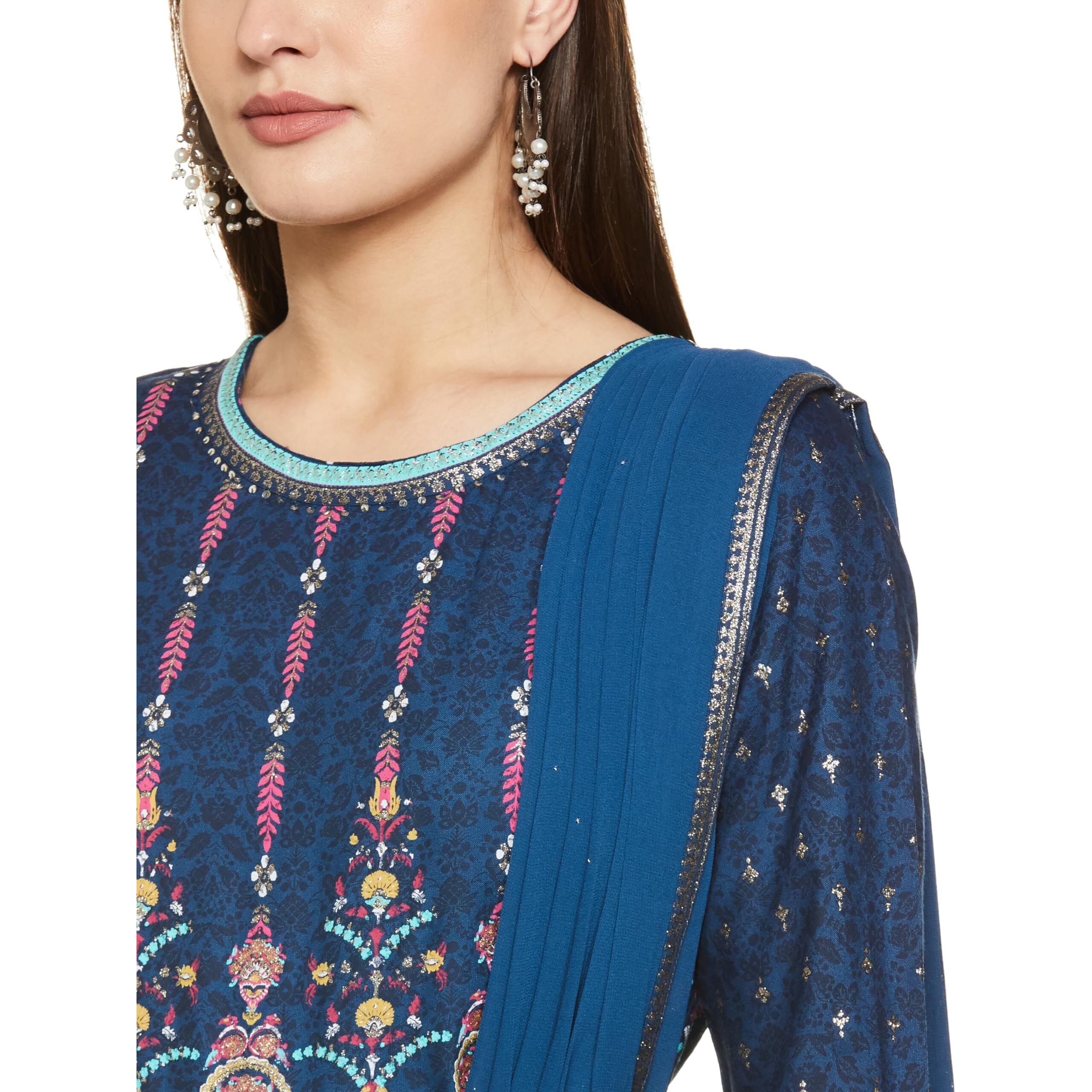 W For Woman Dark Blue Ethnic Motif Stylised Dress with Sequins