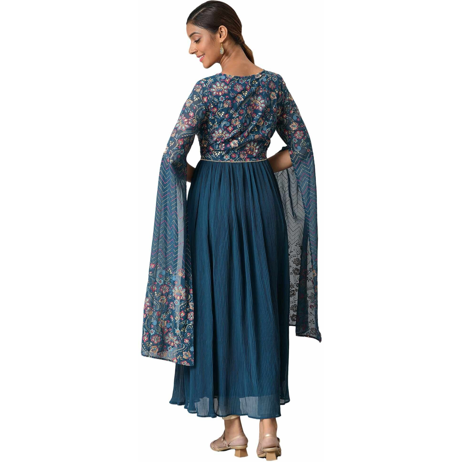 Aurelia Blue Foil Print Regular Kurta for Women
