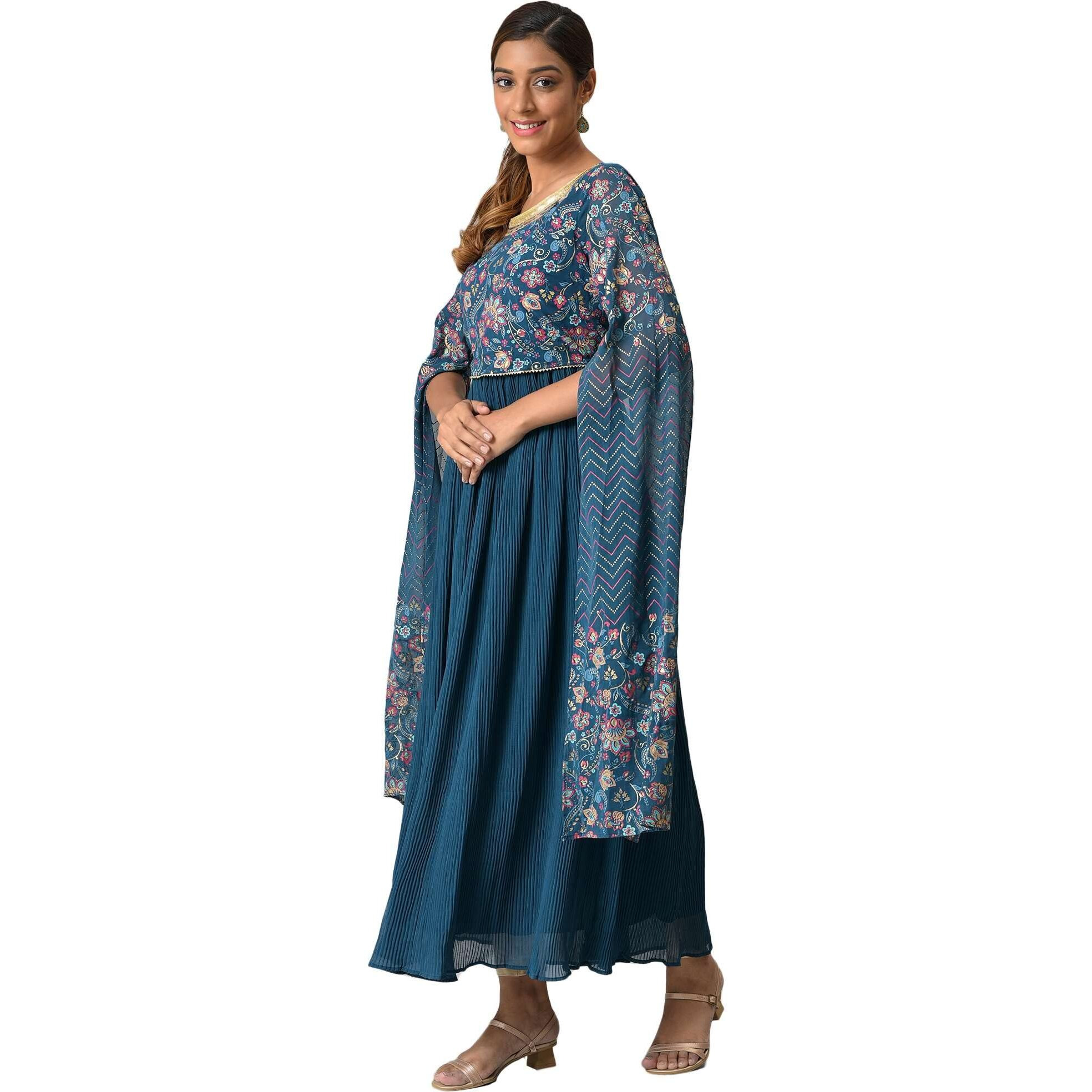 Aurelia Blue Foil Print Regular Kurta for Women