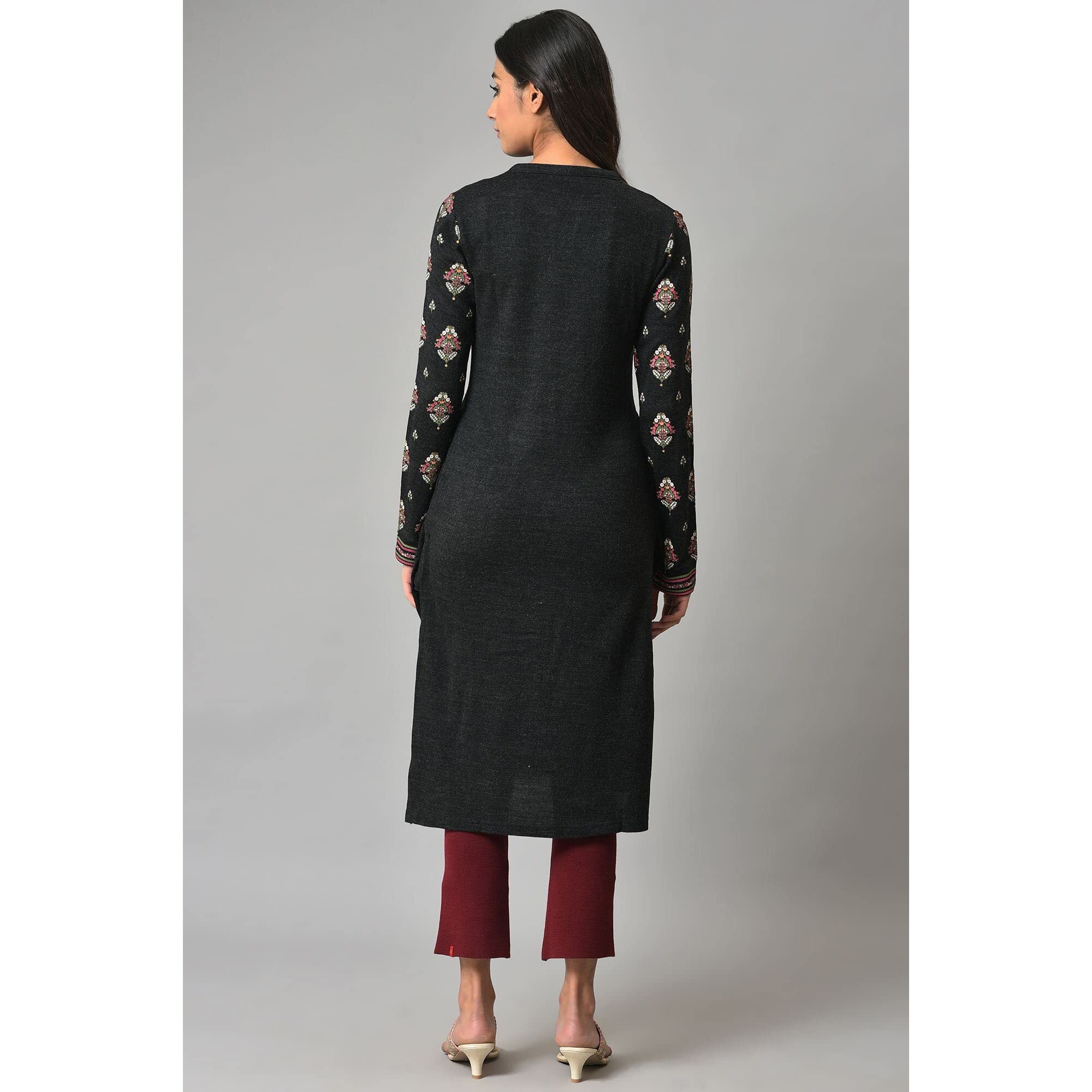 W for Woman Acrylic Black Printed Keyhole Neck Straight Winter Kurta_22NOW18494-119399P_L_12