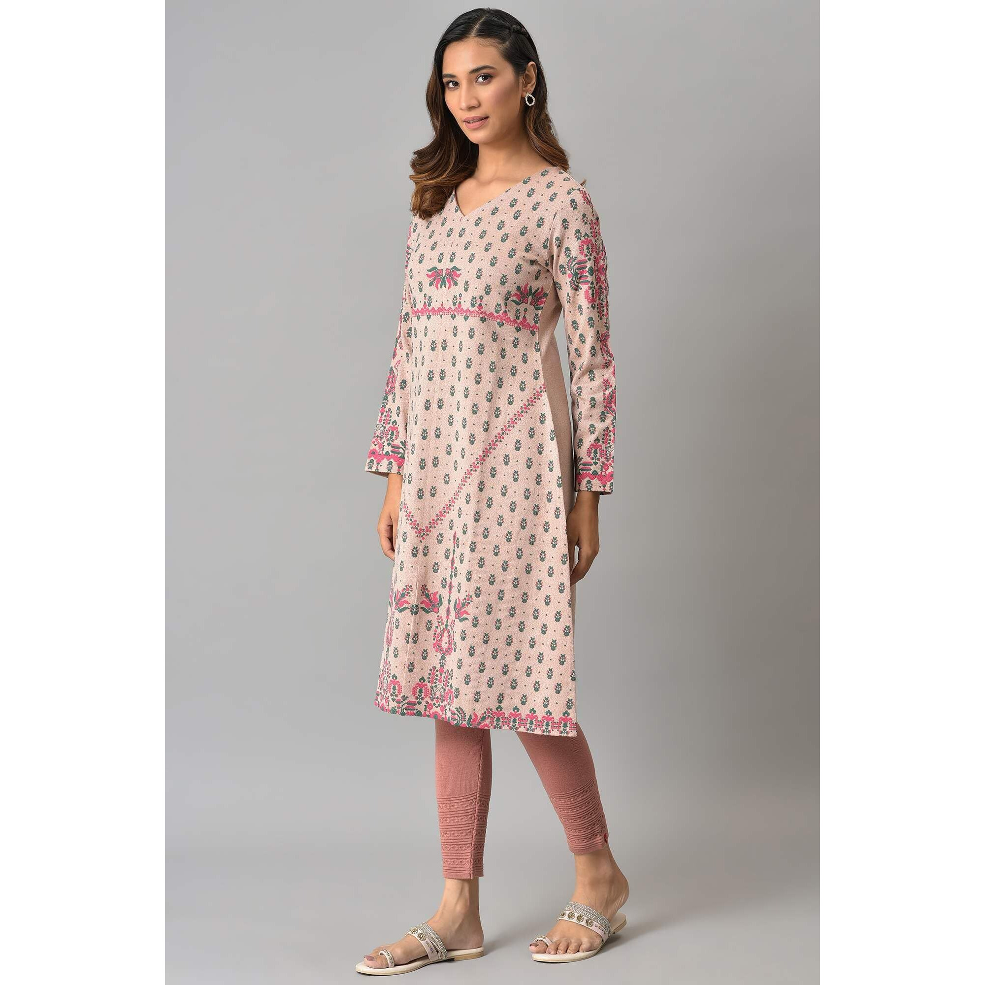 W for Woman Pink A-line Floral Printed Winter Kurta in V-Neck_22NOW18534-119381P_3XL