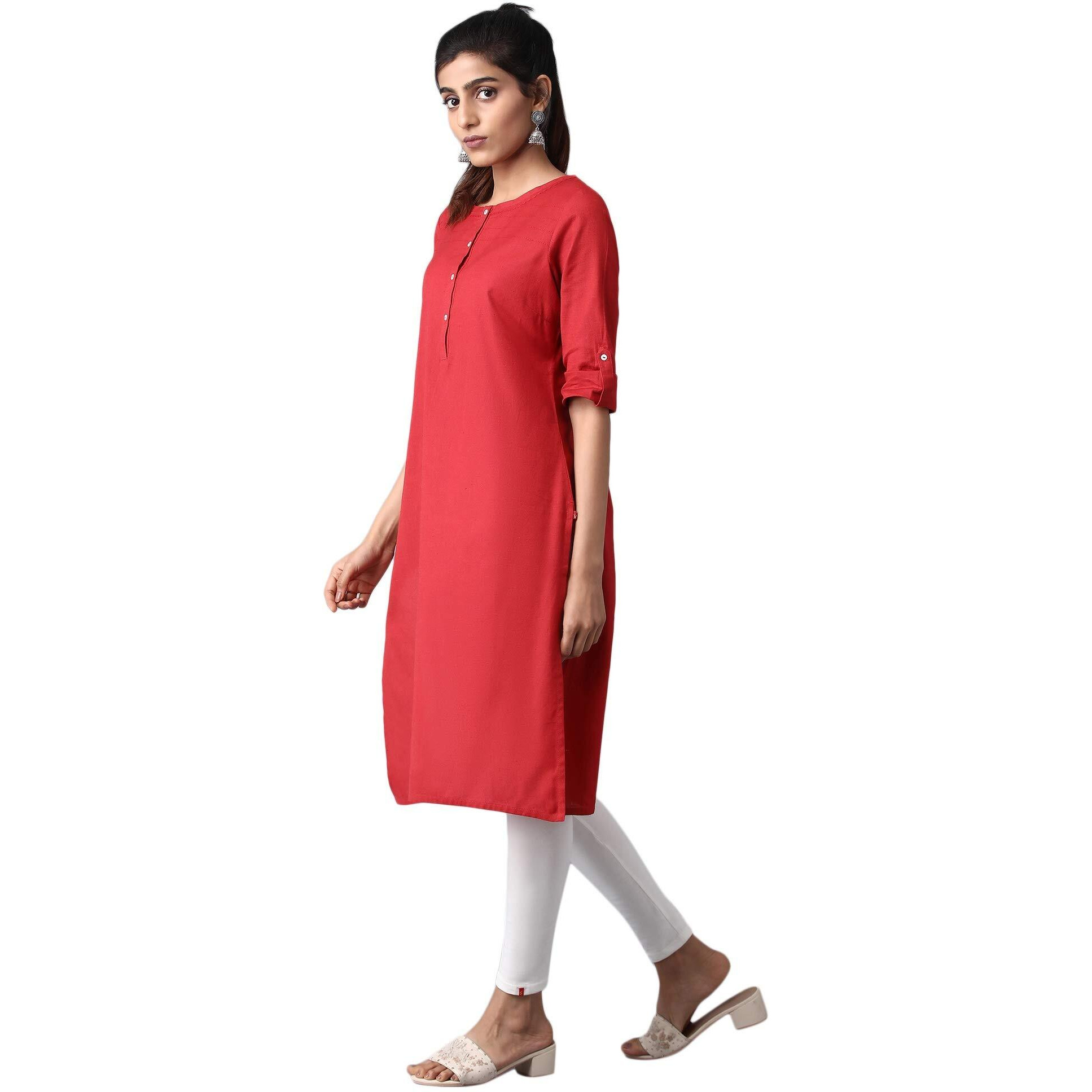 W for Woman Red Casual Solid Print Cotton Blend Straight Kurta_20FEW13783-213750_XL