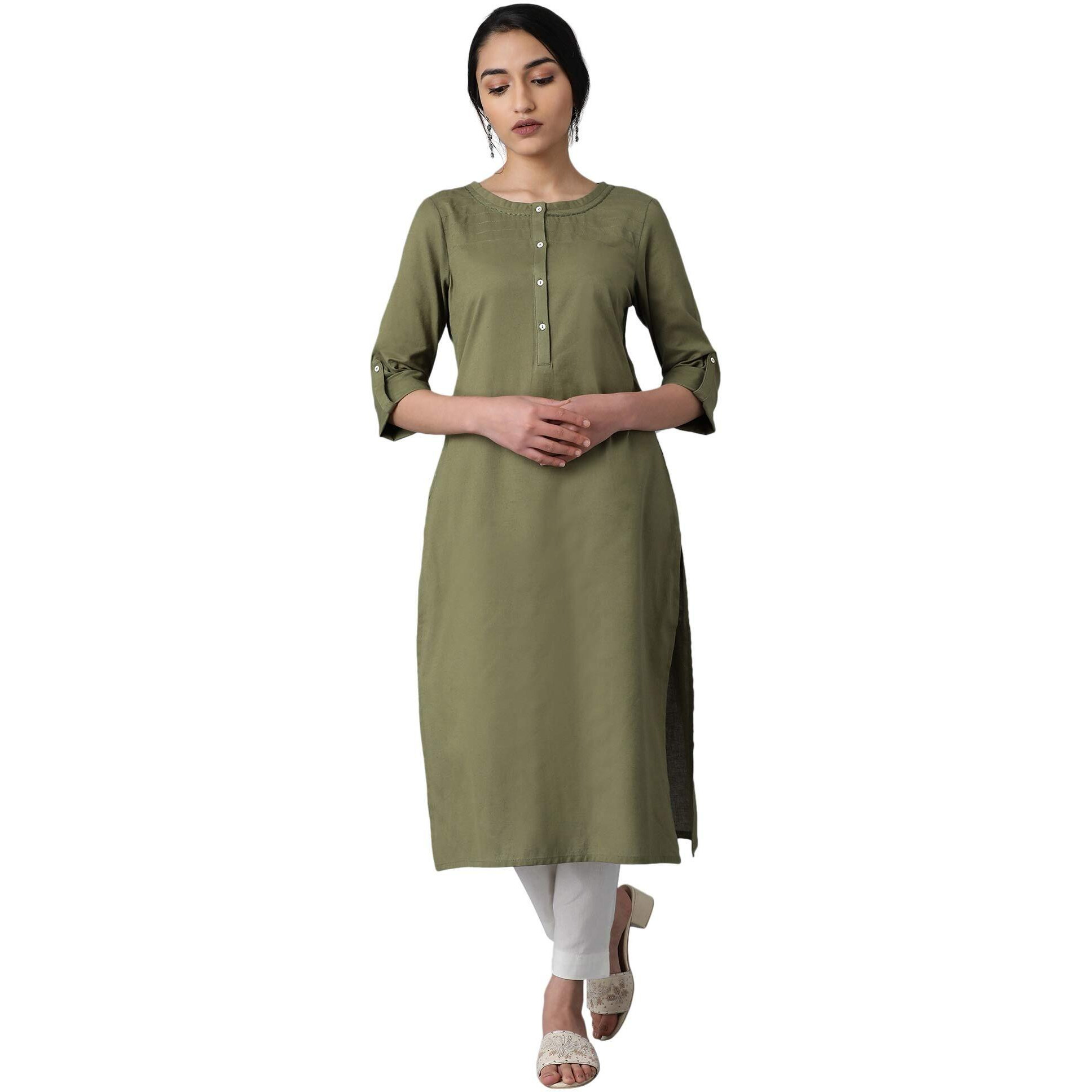 W Green Cotton Blend Regular Embroidered Solid Kurta for Women