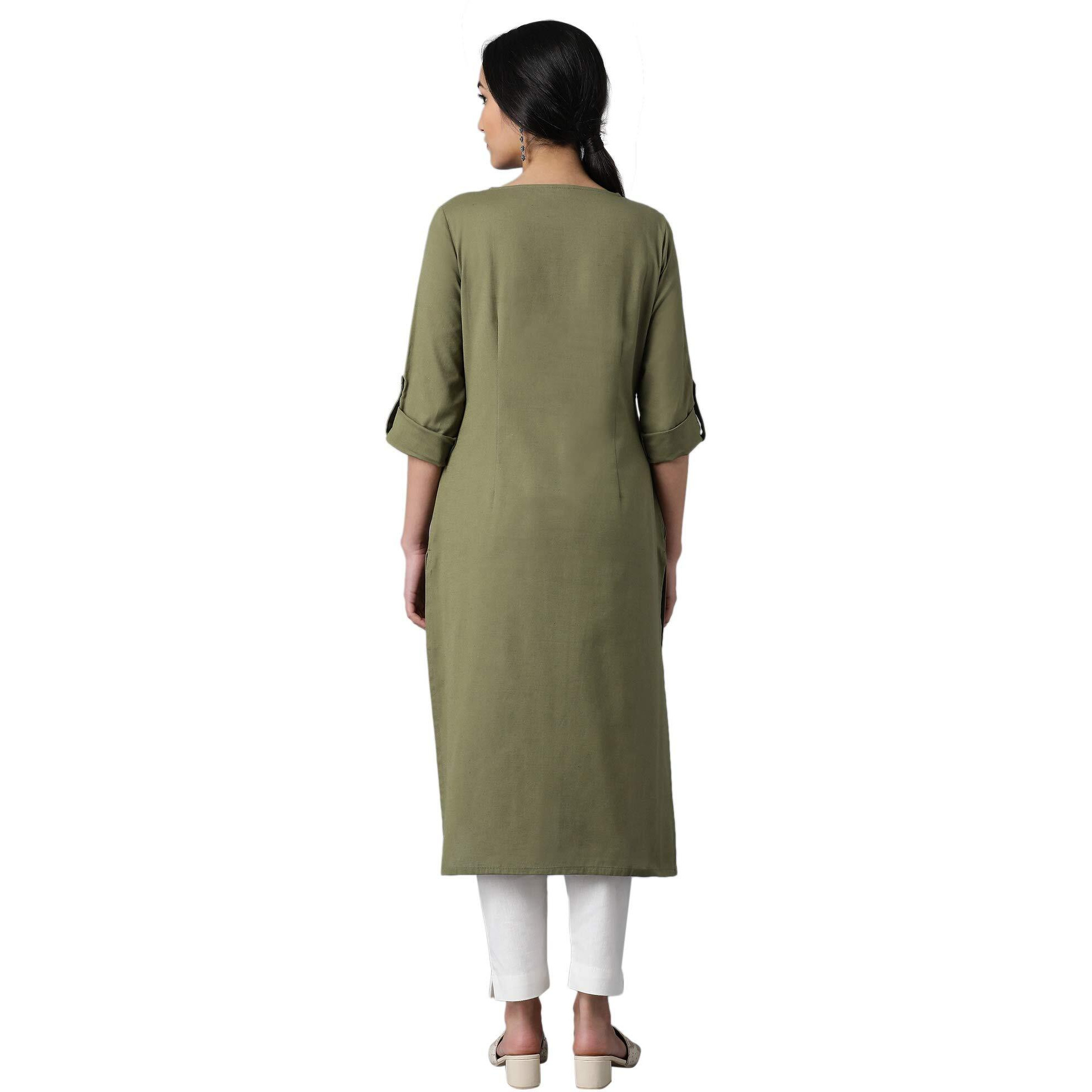 W Green Cotton Blend Regular Embroidered Solid Kurta for Women