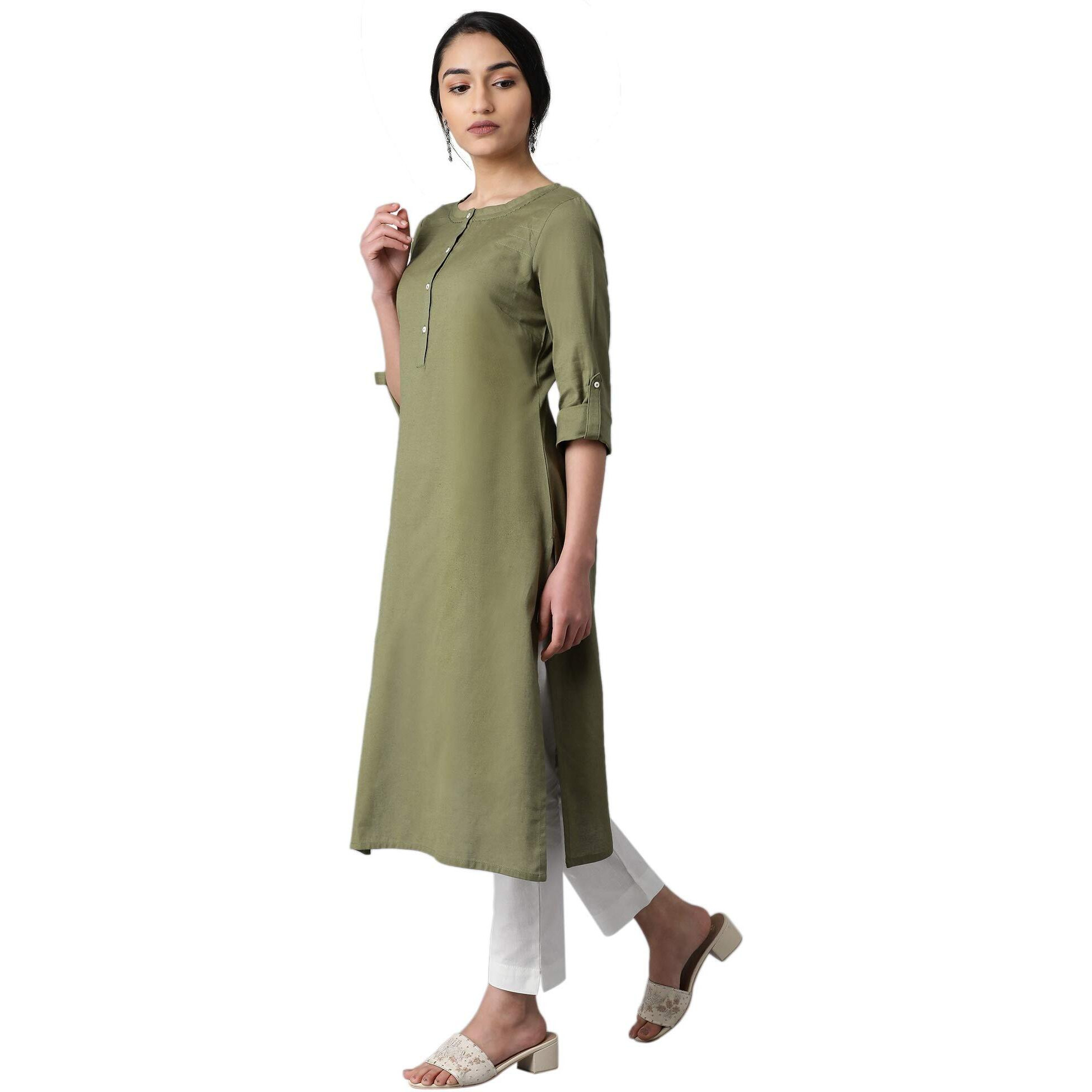 W Green Cotton Blend Regular Embroidered Solid Kurta for Women
