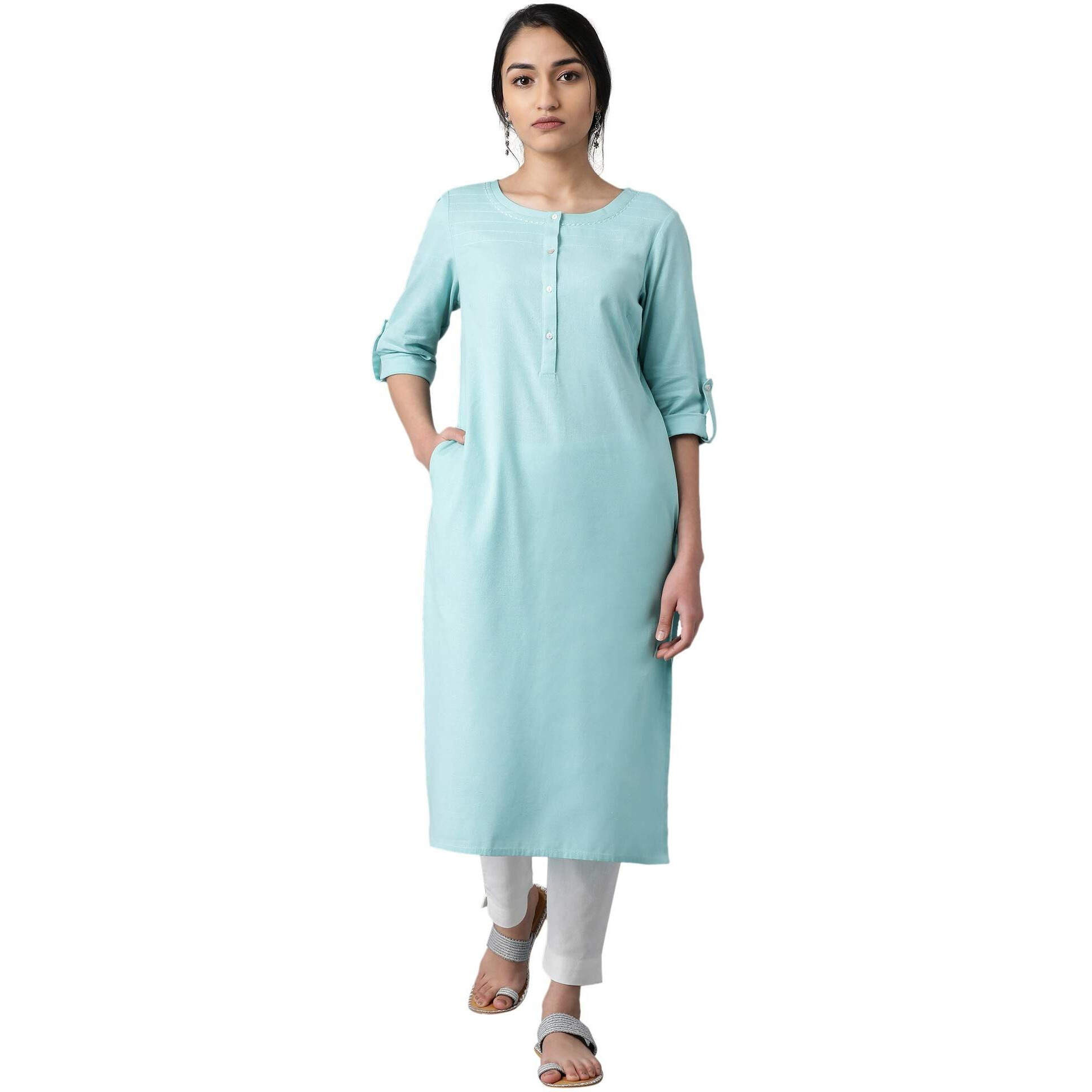 W for Woman Blue Casual Solid Print Cotton Blend Straight Kurta_20FEW13783-213747_XS