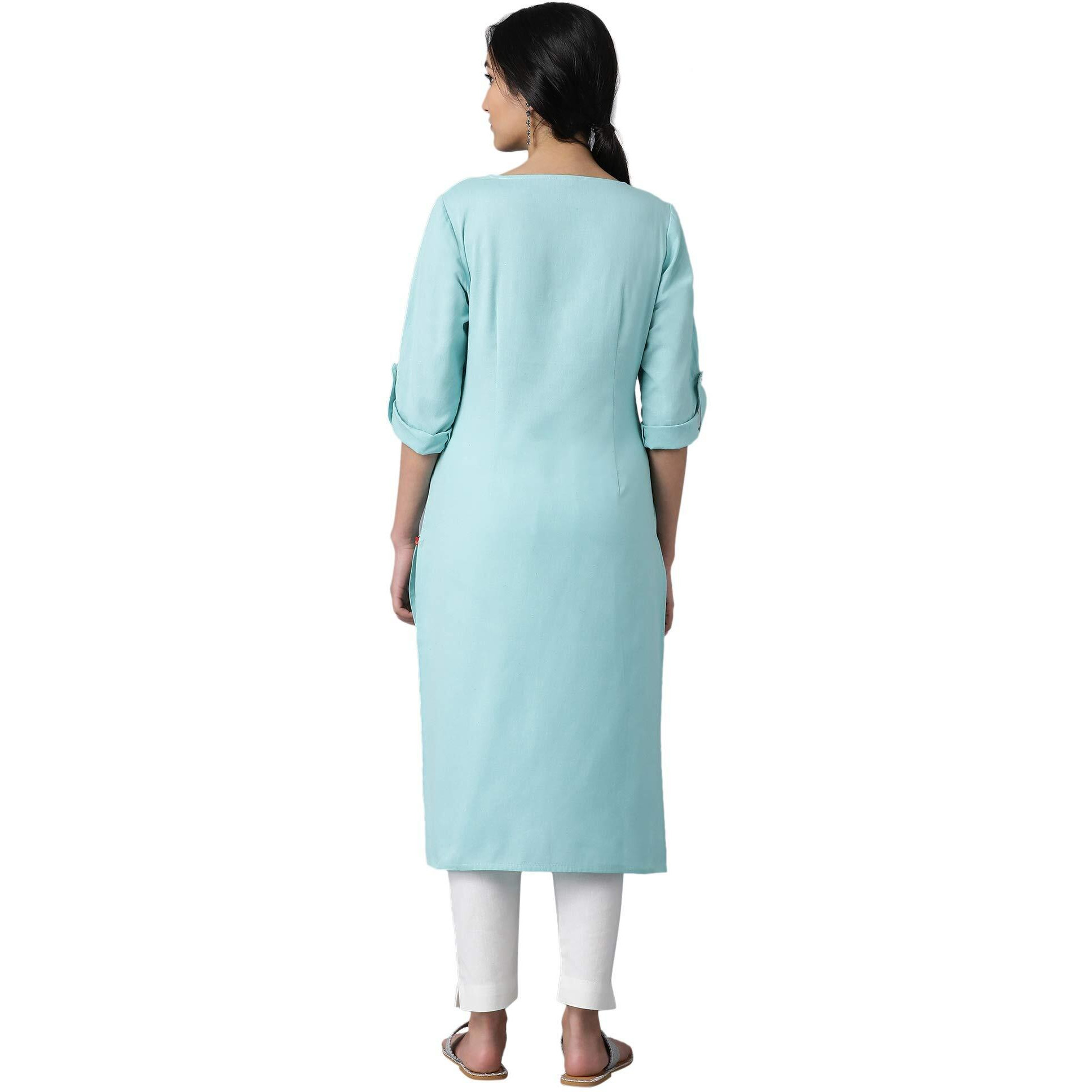 W for Woman Blue Casual Solid Print Cotton Blend Straight Kurta_20FEW13783-213747_XS