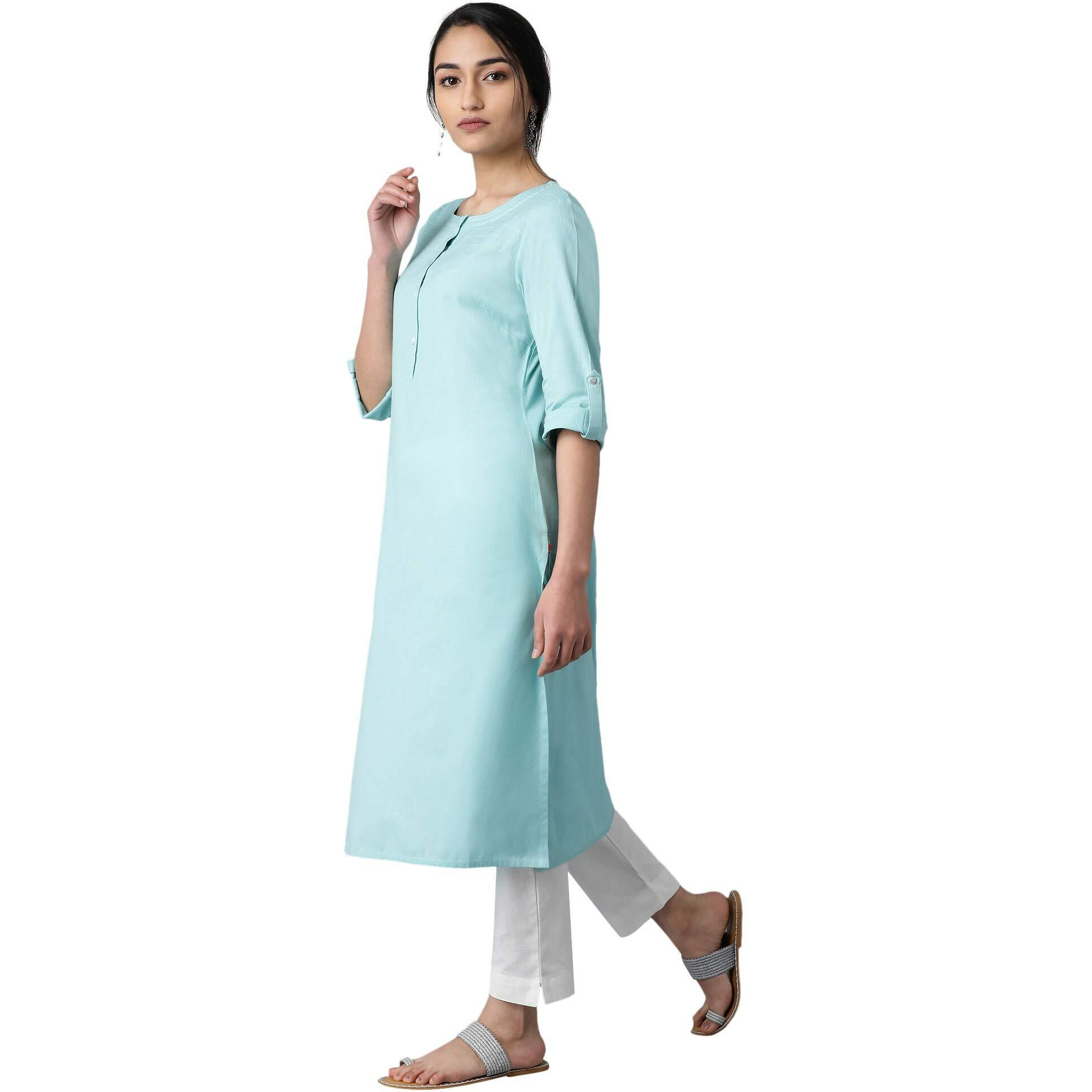 W for Woman Blue Casual Solid Print Cotton Blend Straight Kurta_20FEW13783-213747_XS