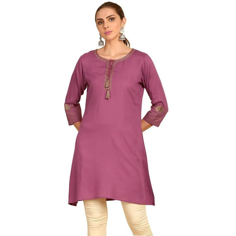 Soch Womens Onion Pink Tie-Up Neck Rayon Slub A-Line Short Kurta with Thread Work