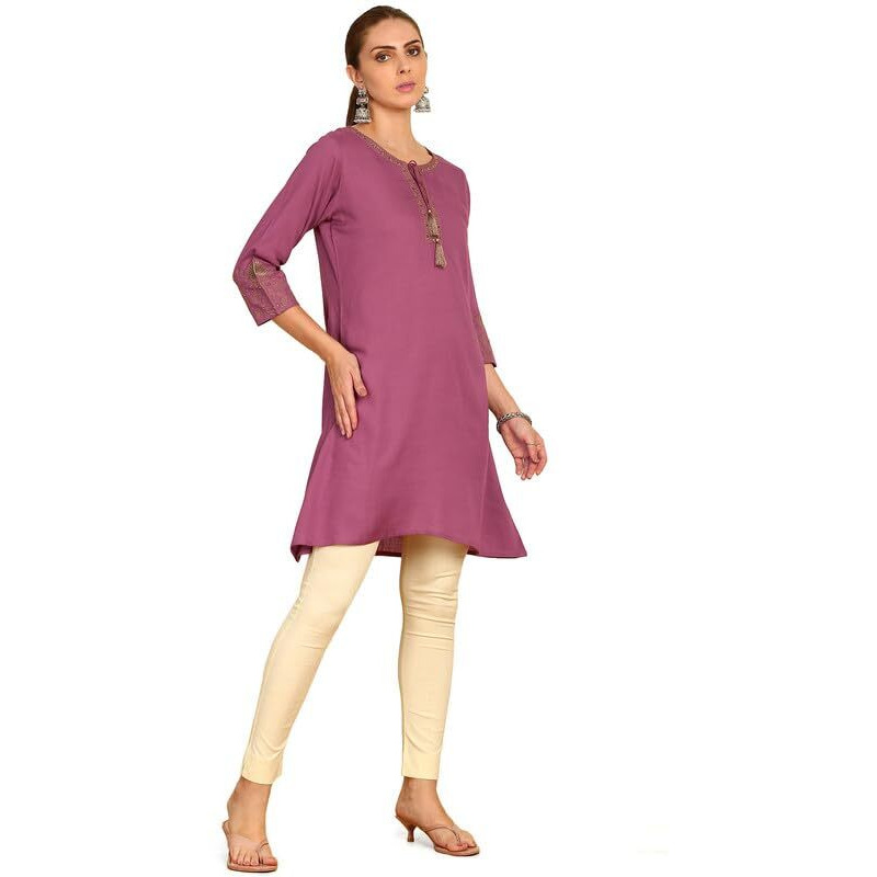 Soch Womens Onion Pink Tie-Up Neck Rayon Slub A-Line Short Kurta with Thread Work