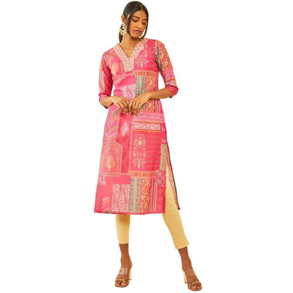 Soch Womens Fuchsia Muslin Blend Ethnic Motif Printed Kurta with Zari