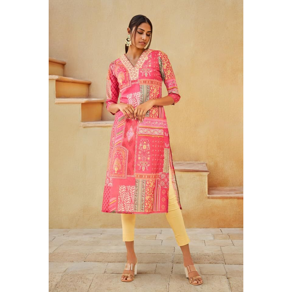 Soch Womens Fuchsia Muslin Blend Ethnic Motif Printed Kurta with Zari