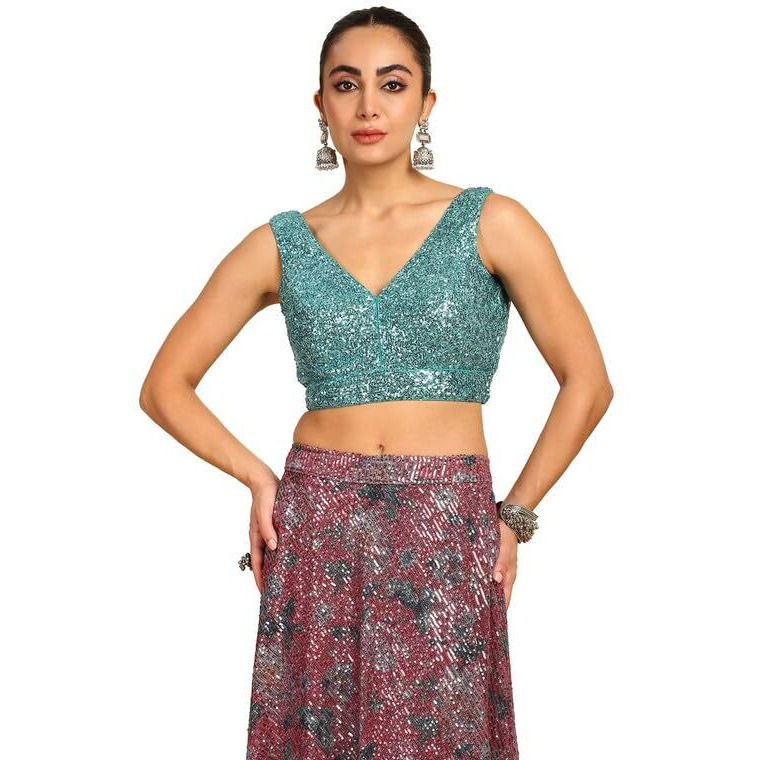 Soch Womens Turquoise Blue Sequinned Embellished Georgette Padded Blouse